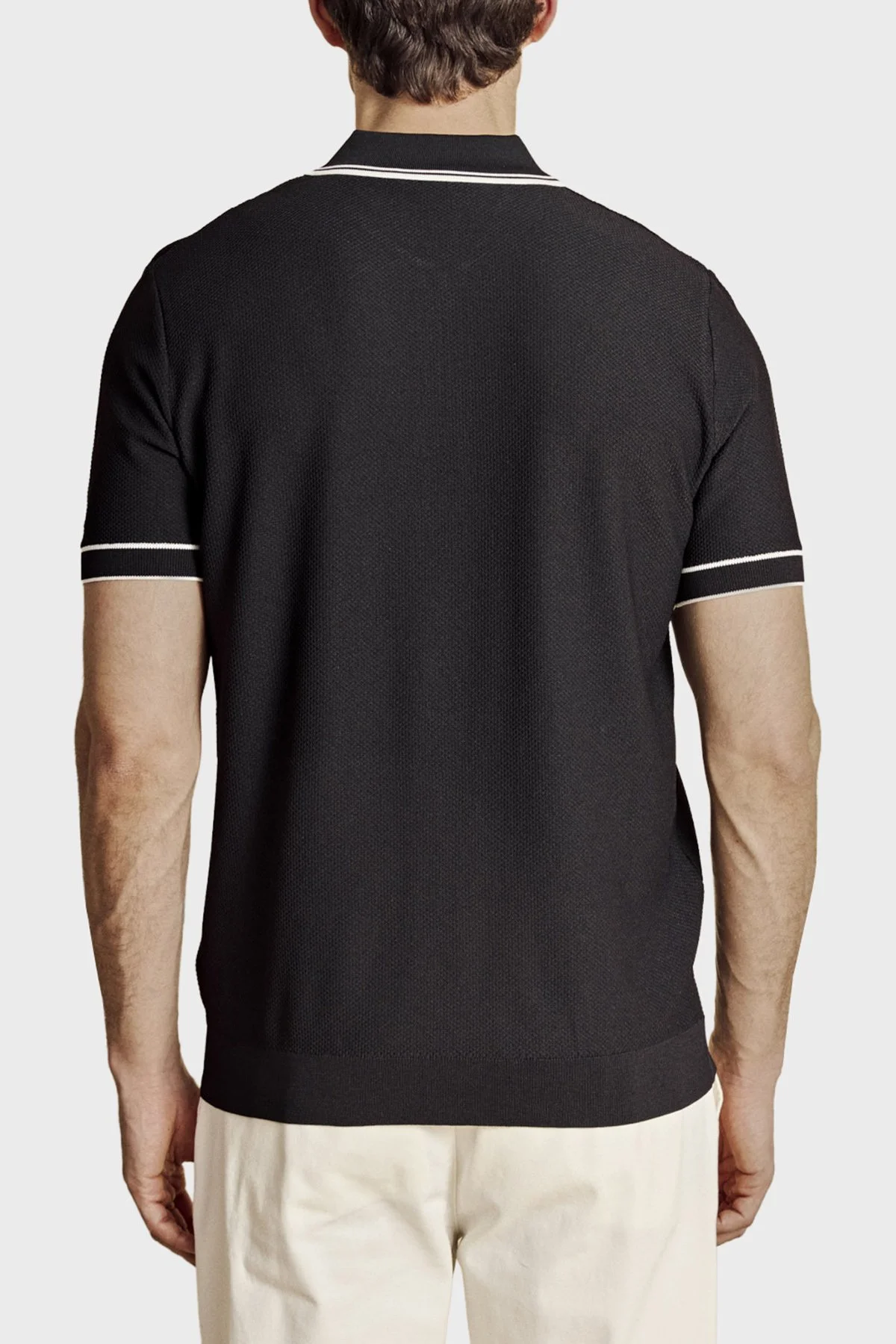 Brooks Brothers Yarım Fermuarlı Petek Örgü Rayon Kısa Kol Erkek Polo Yaka Kazak BBSS26MKL007386 Siyah-Kırık Beyaz - 2
