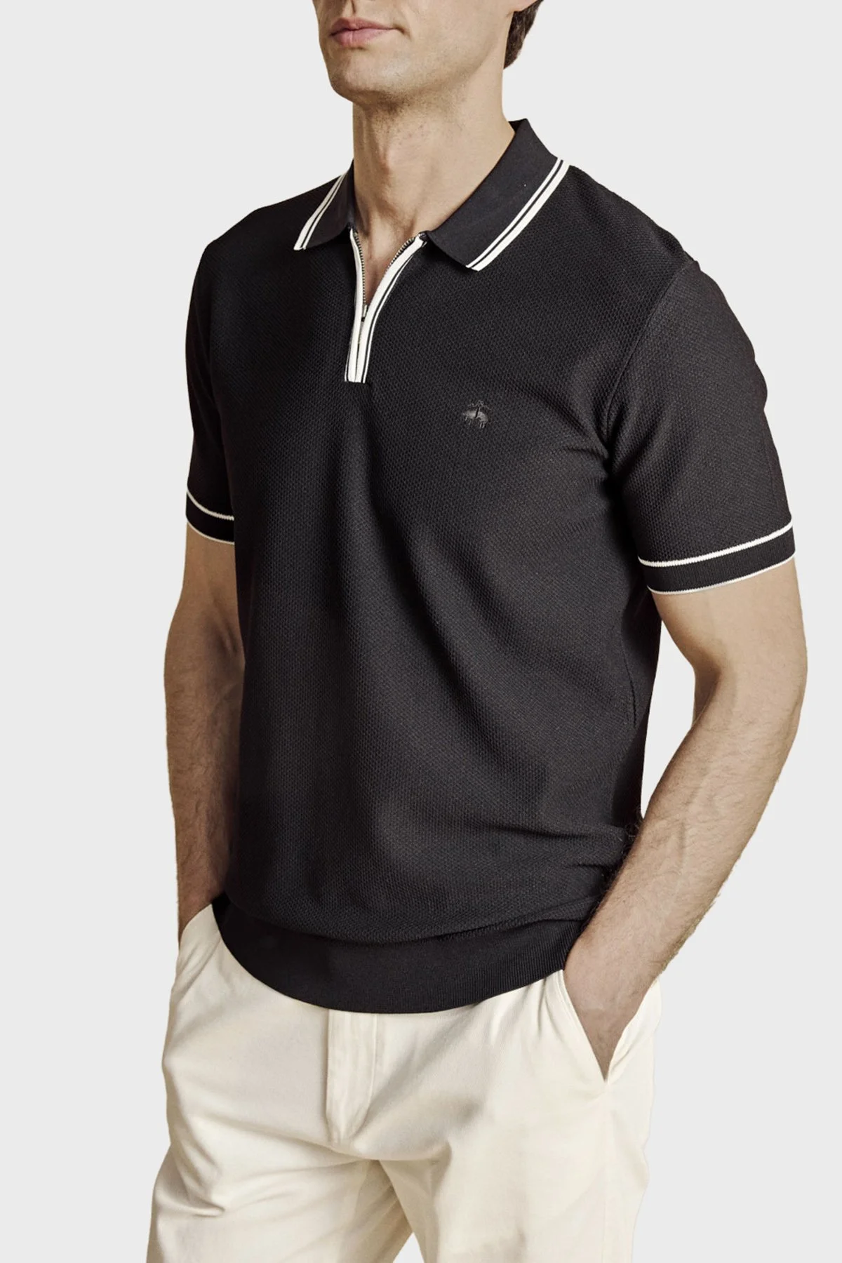 Brooks Brothers Yarım Fermuarlı Petek Örgü Rayon Kısa Kol Erkek Polo Yaka Kazak BBSS26MKL007386 Siyah-Kırık Beyaz - 3