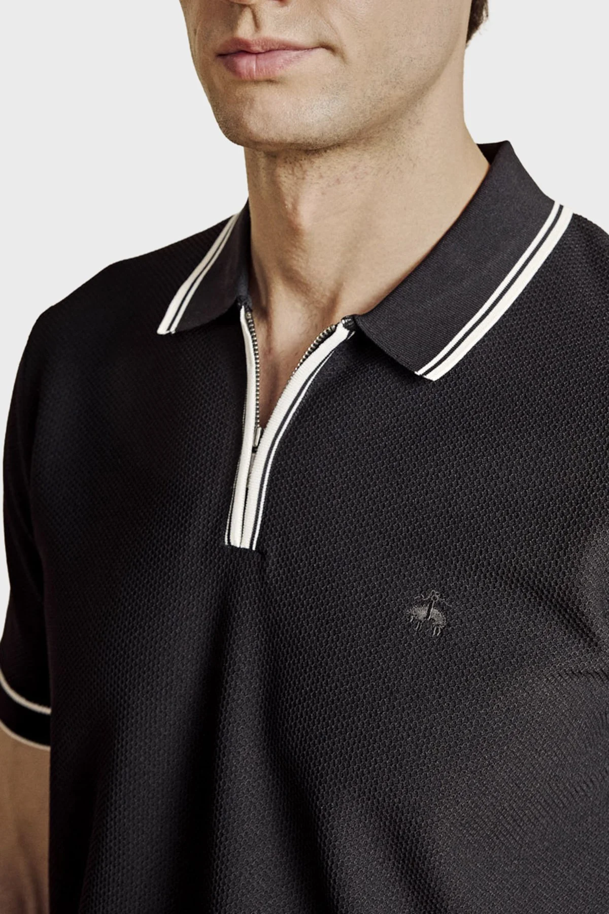 Brooks Brothers Yarım Fermuarlı Petek Örgü Rayon Kısa Kol Erkek Polo Yaka Kazak BBSS26MKL007386 Siyah-Kırık Beyaz - 4