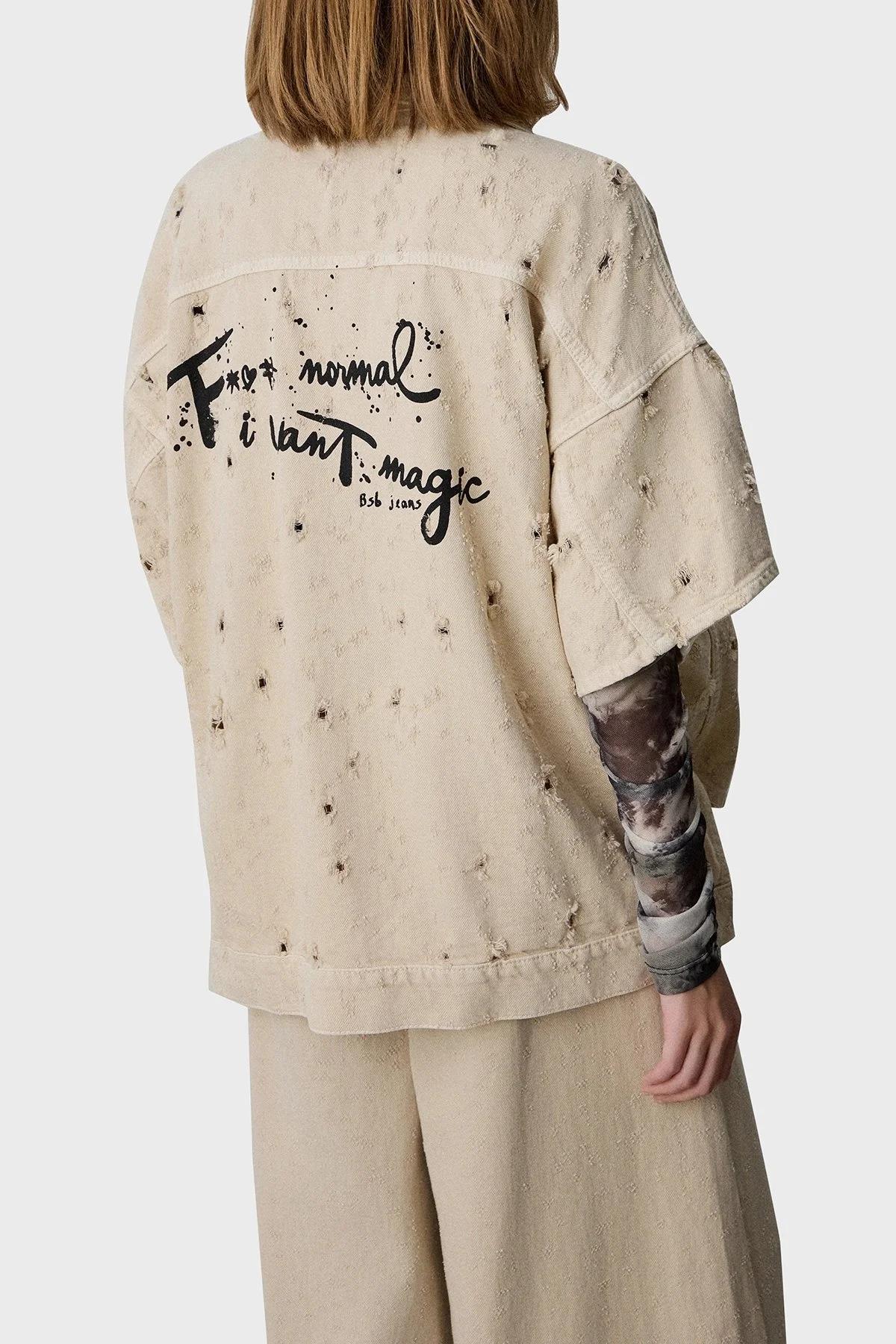 BSB % 100 Pamuk Regular Fit Eskitilmiş Sırt Baskılı Bayan Gömlek 053-216800.103 BEJ - 3