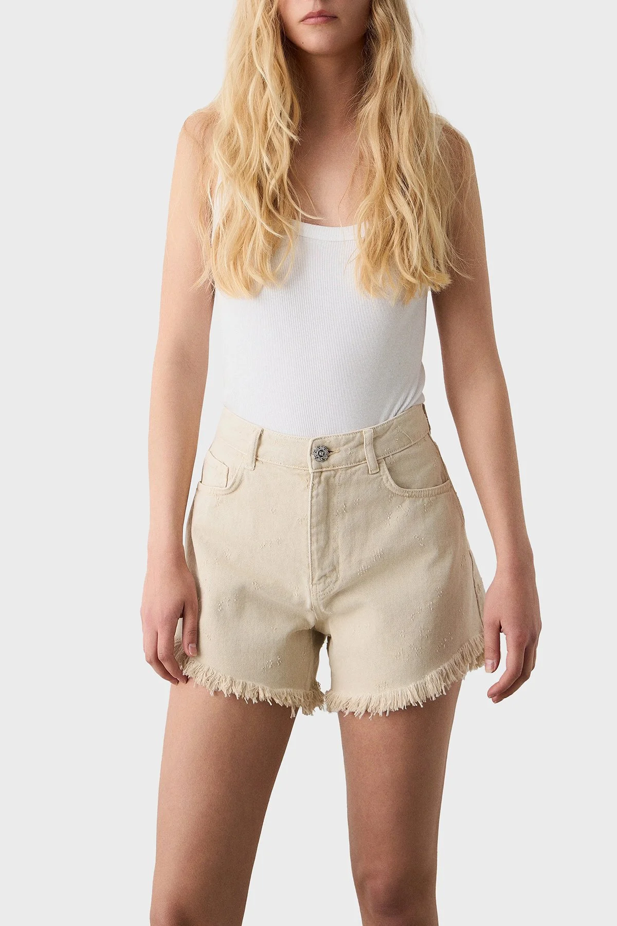 BSB % 100 Pamuk Regular Fit Yüksek Bel Kot Kadın Short 053-241801.103 BEJ - 2