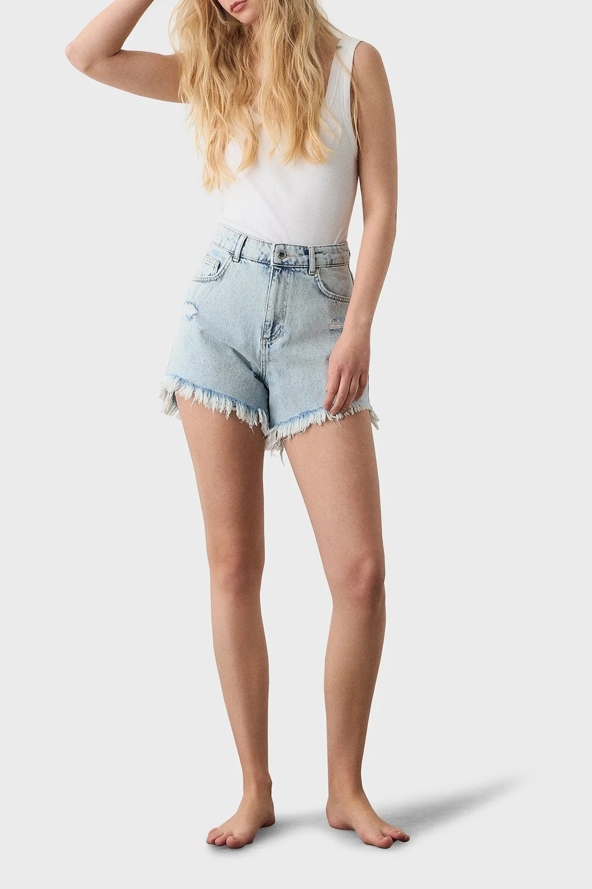 BSB % 100 Pamuk Yırtıklı Regular Fit Yüksek Bel Mini Kot Bayan Short 053-241903.971 MAVİ - 2