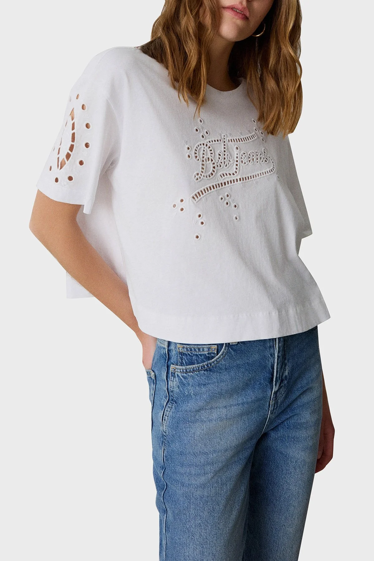 BSB Ajurlu % 100 Pamuk Regular Fit Bisiklet Yaka Kadın Bluz 053-210083.002 BEYAZ - 1
