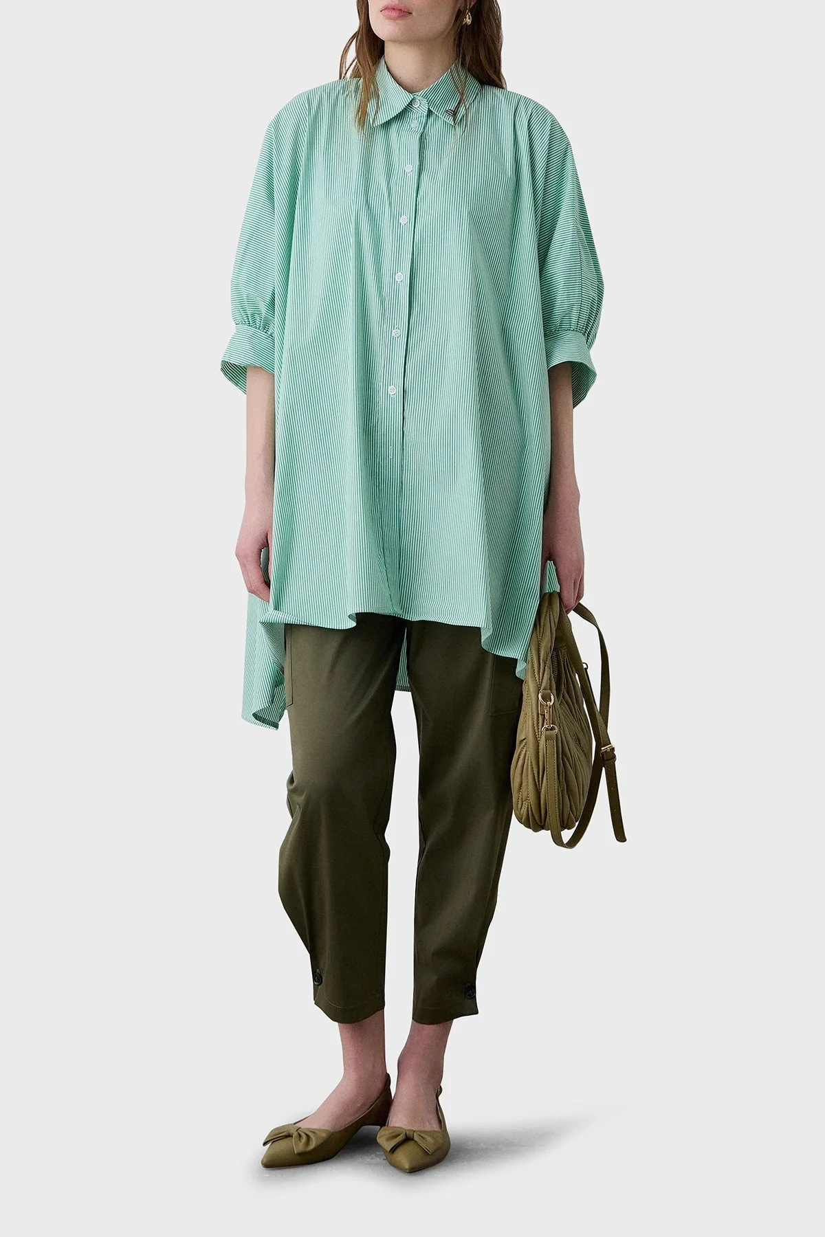 BSB Çizgili Pamuk Karışımlı Oversize Asimetrik Bayan Gömlek 053-216035.050 YEŞİL - 1