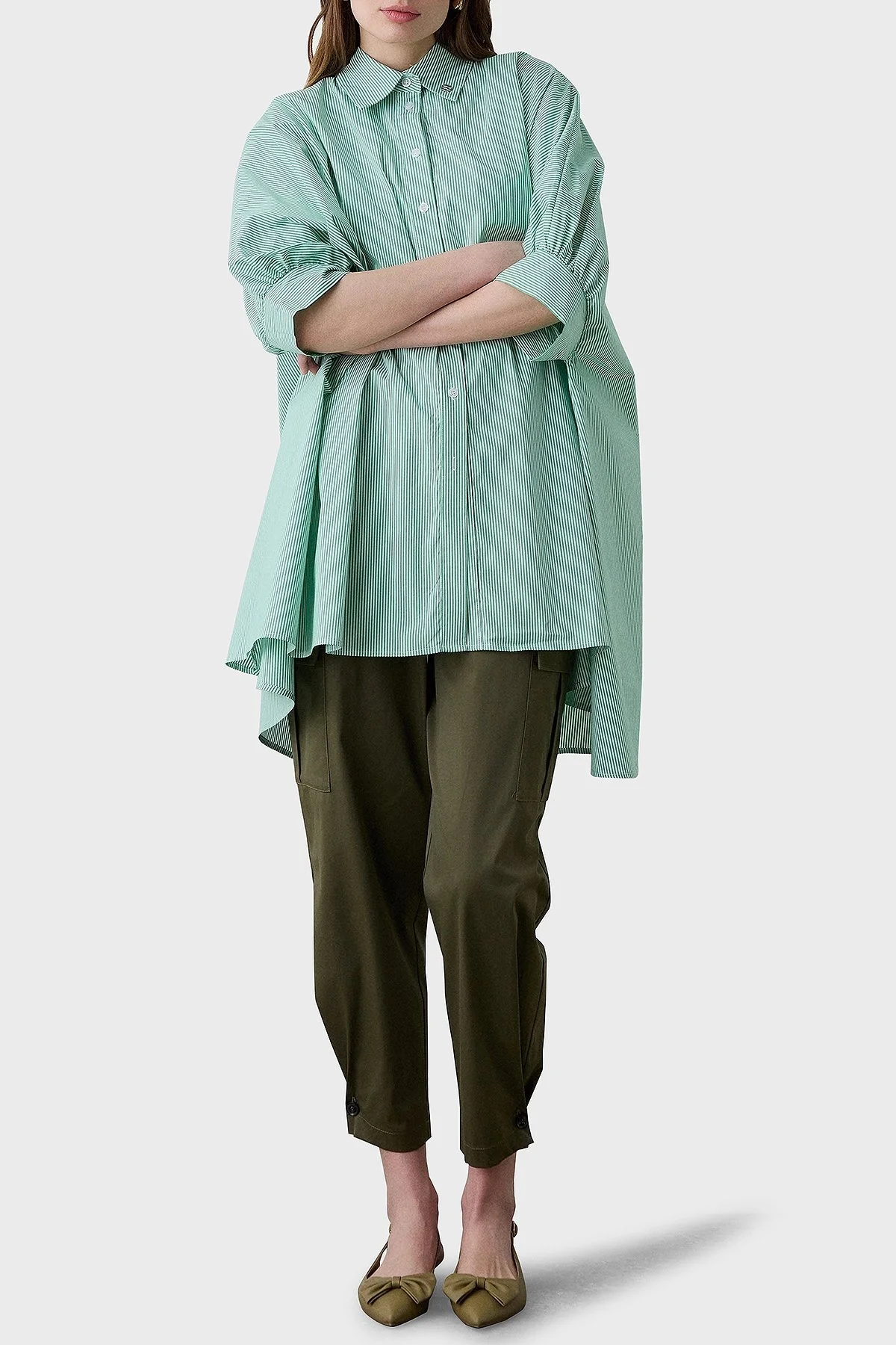 BSB Çizgili Pamuk Karışımlı Oversize Asimetrik Bayan Gömlek 053-216035.050 YEŞİL - 2