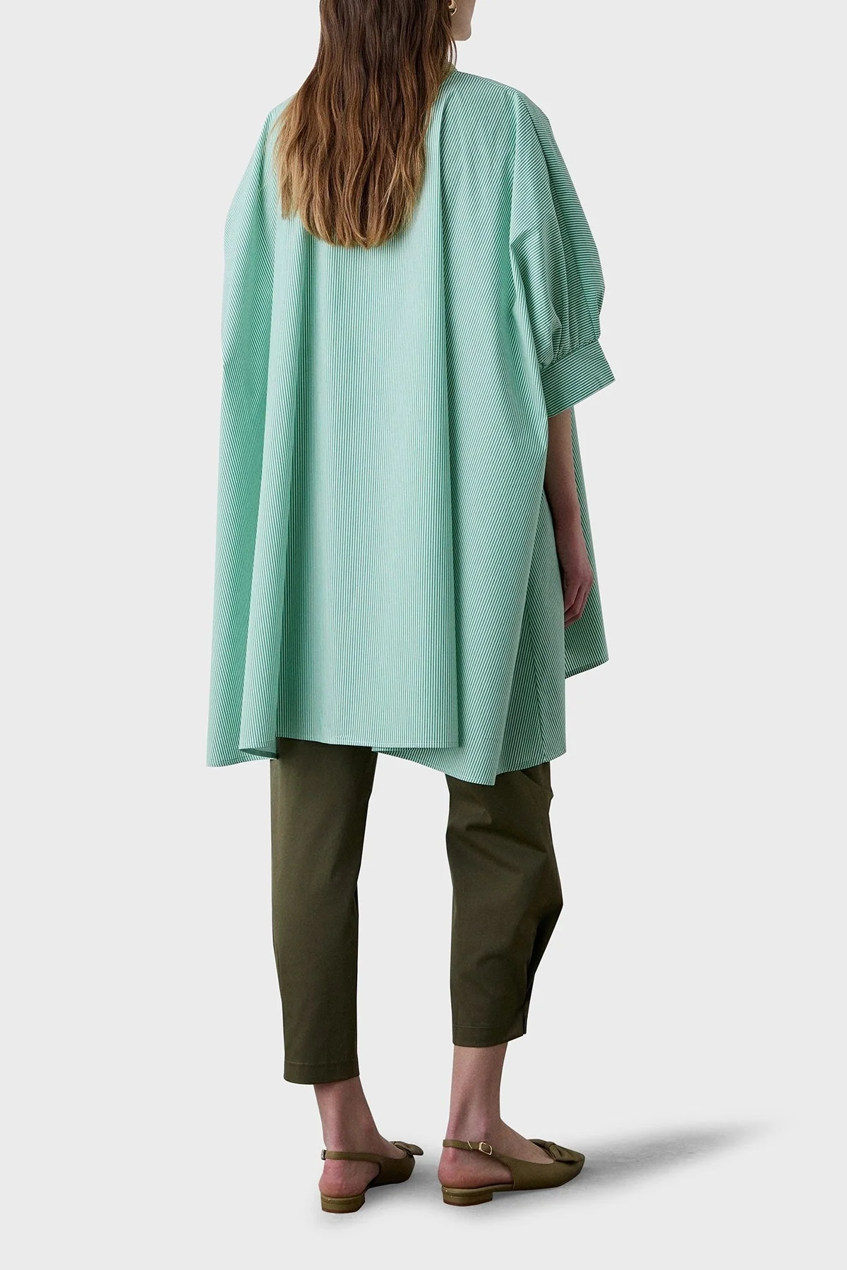 BSB Çizgili Pamuk Karışımlı Oversize Asimetrik Bayan Gömlek 053-216035.050 YEŞİL - 3