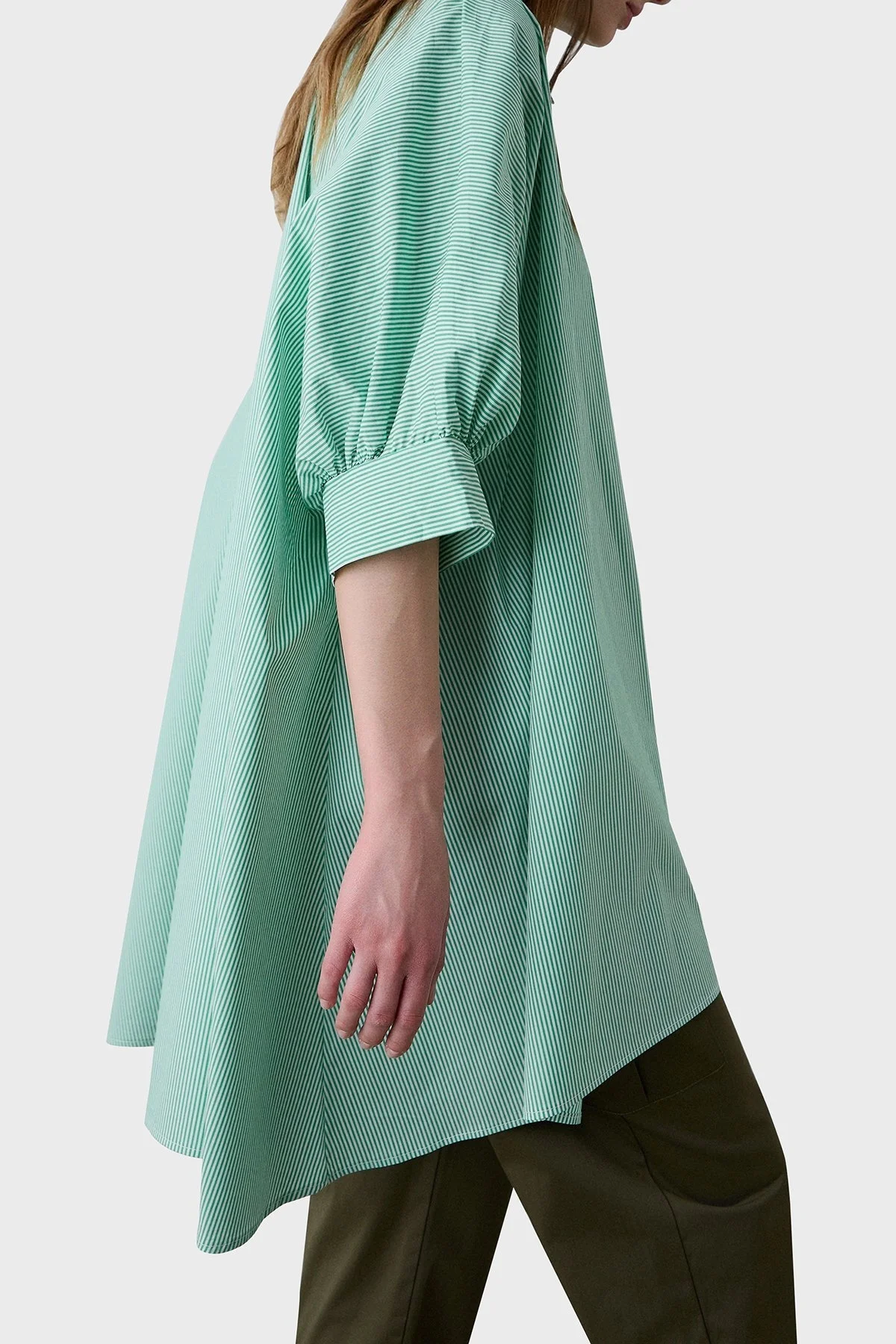 BSB Çizgili Pamuk Karışımlı Oversize Asimetrik Bayan Gömlek 053-216035.050 YEŞİL - 4