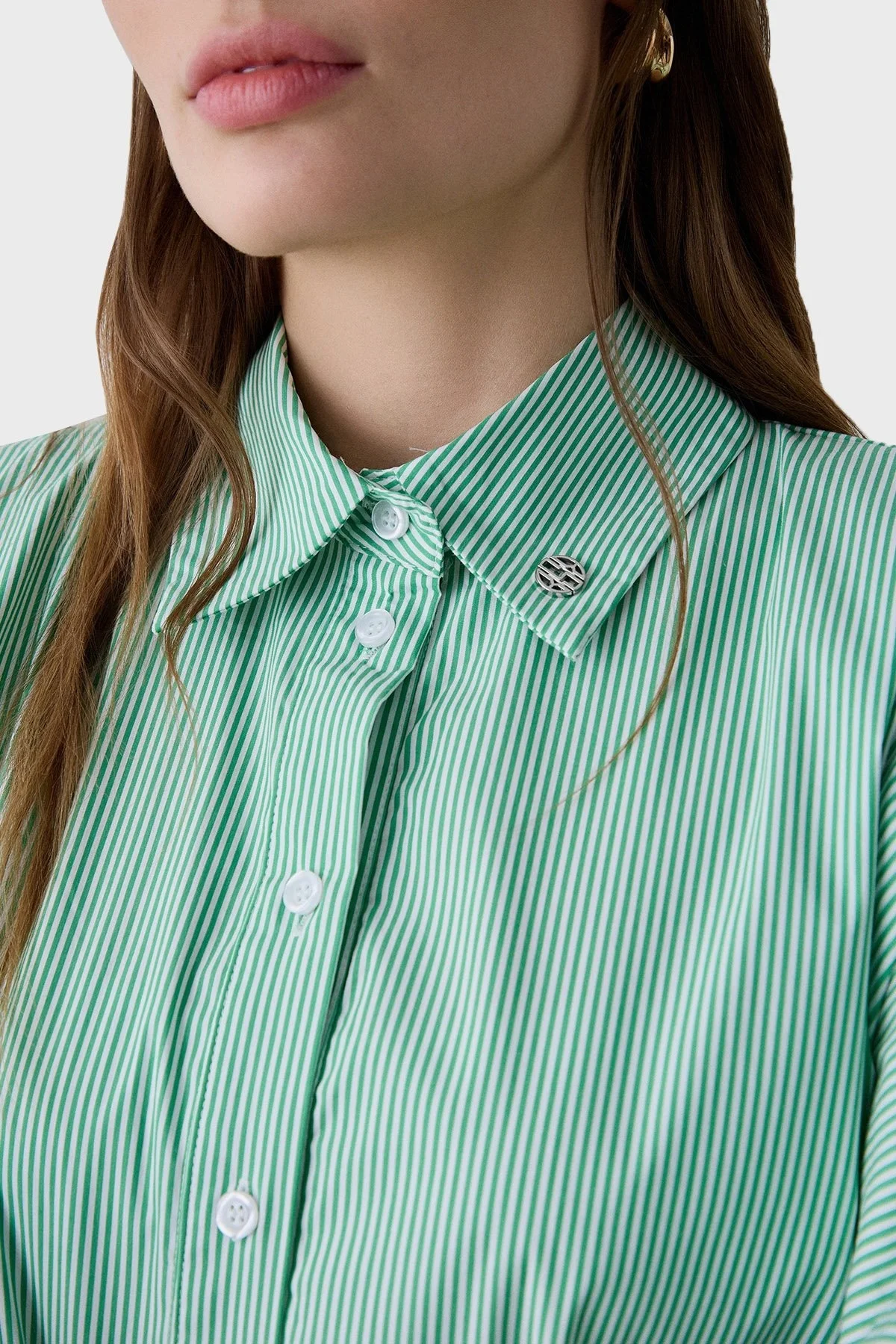 BSB Çizgili Pamuk Karışımlı Oversize Asimetrik Bayan Gömlek 053-216035.050 YEŞİL - 5