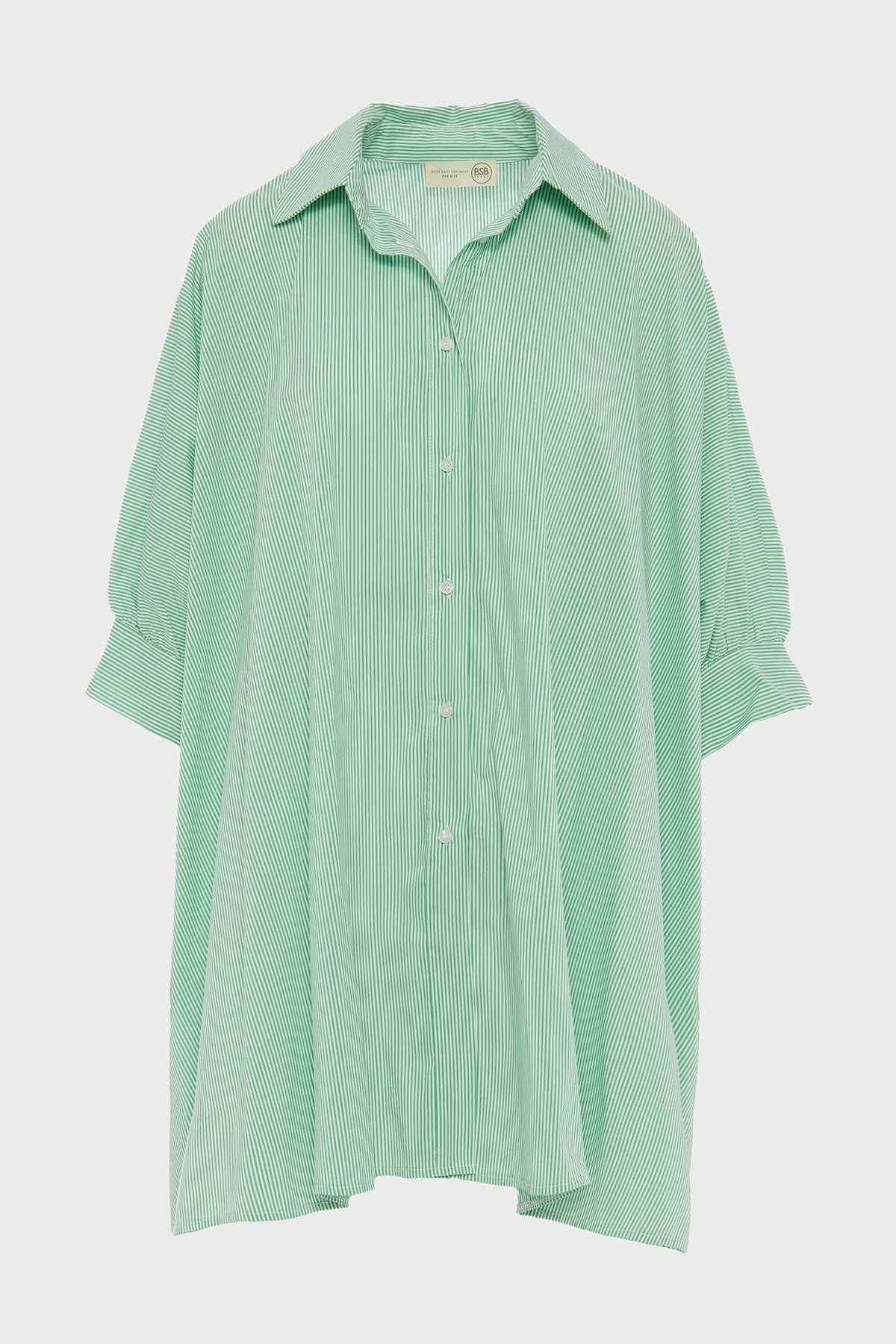 BSB Çizgili Pamuk Karışımlı Oversize Asimetrik Bayan Gömlek 053-216035.050 YEŞİL - 6