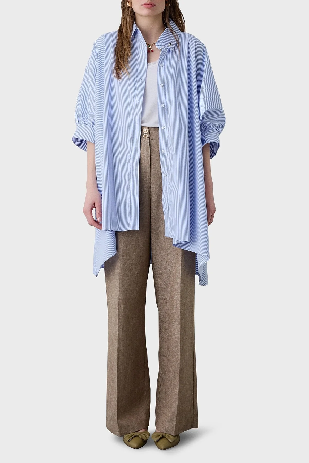 BSB Çizgili Pamuk Karışımlı Oversize Asimetrik Bayan Gömlek 053-216035.060 MAVİ - 2