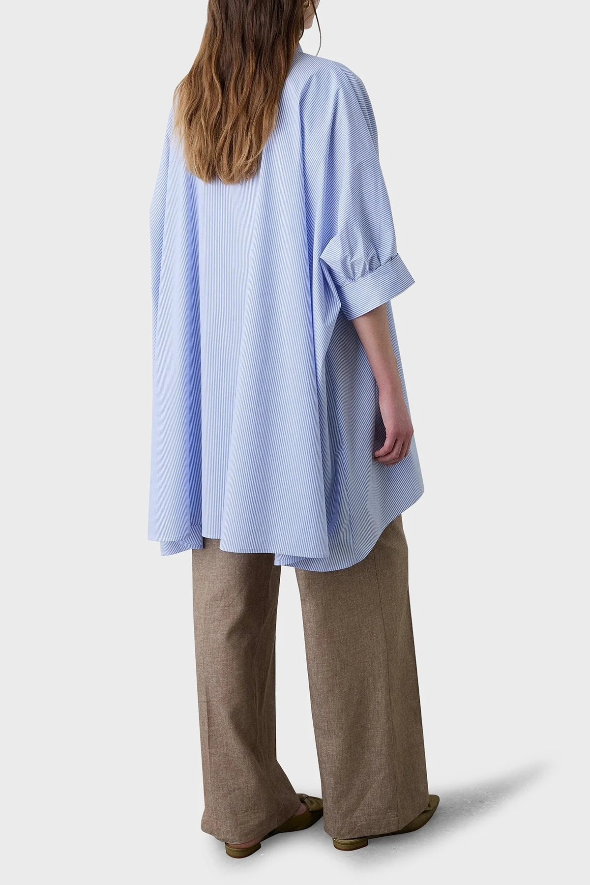 BSB Çizgili Pamuk Karışımlı Oversize Asimetrik Bayan Gömlek 053-216035.060 MAVİ - 3