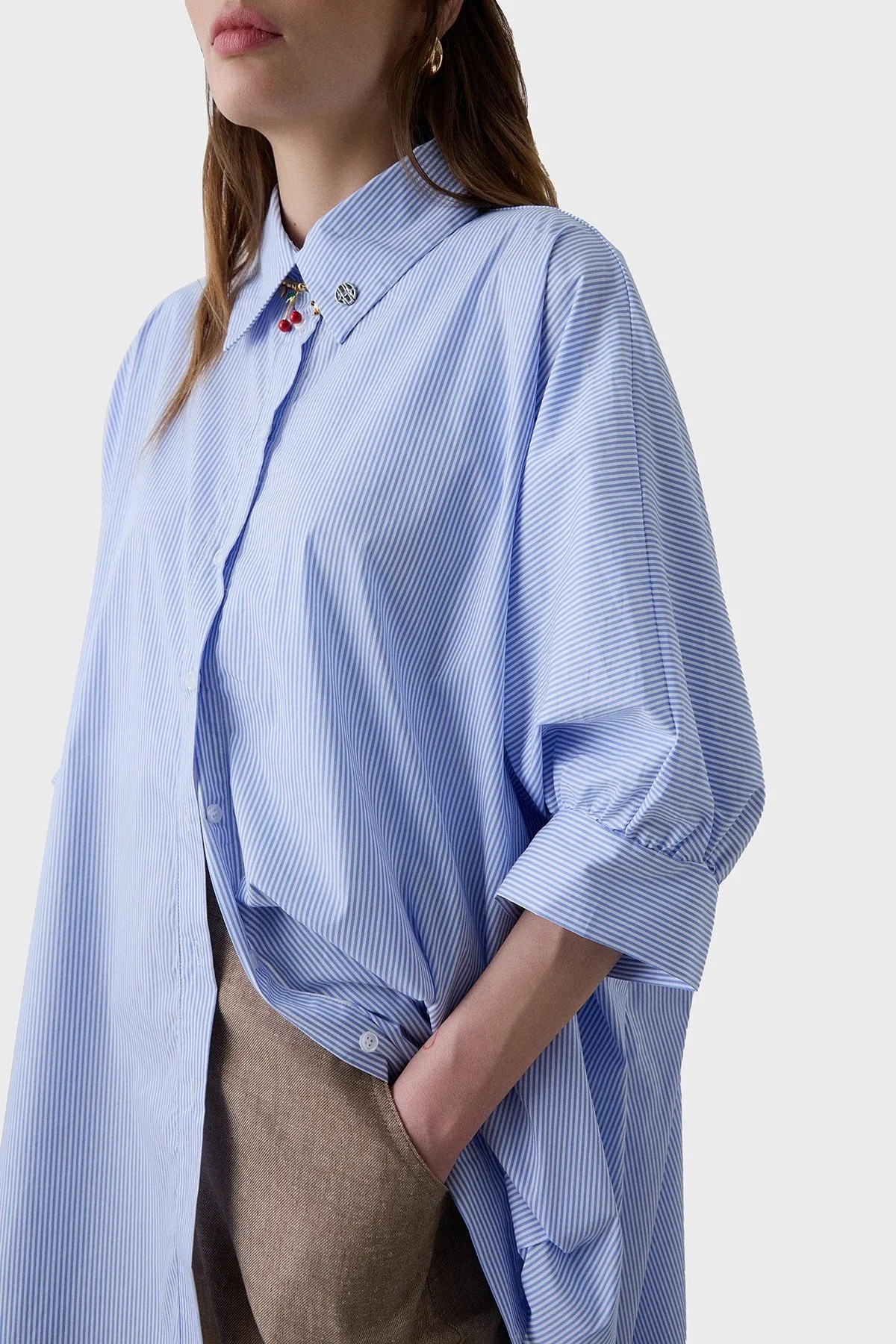 BSB Çizgili Pamuk Karışımlı Oversize Asimetrik Bayan Gömlek 053-216035.060 MAVİ - 4