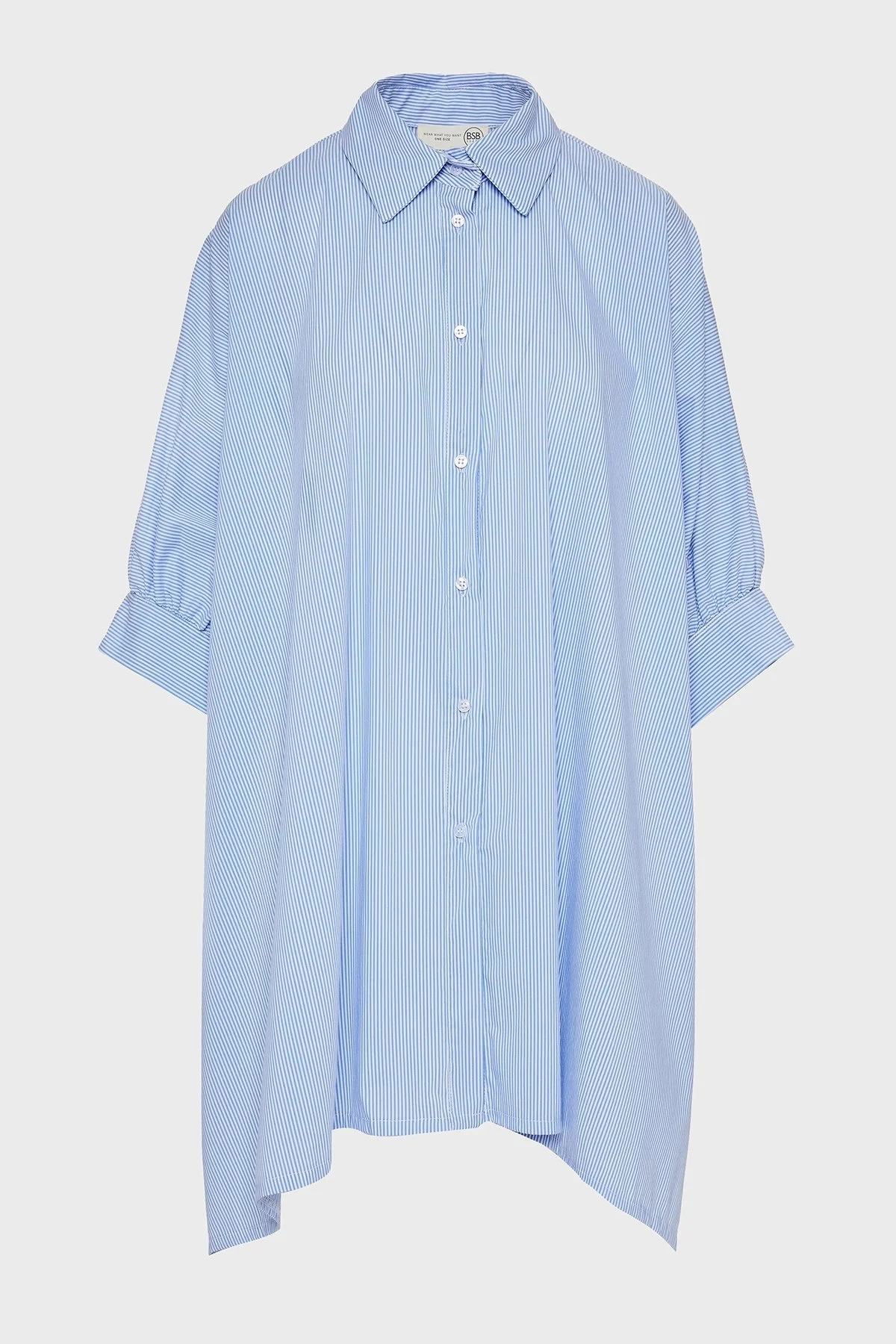 BSB Çizgili Pamuk Karışımlı Oversize Asimetrik Bayan Gömlek 053-216035.060 MAVİ - 5