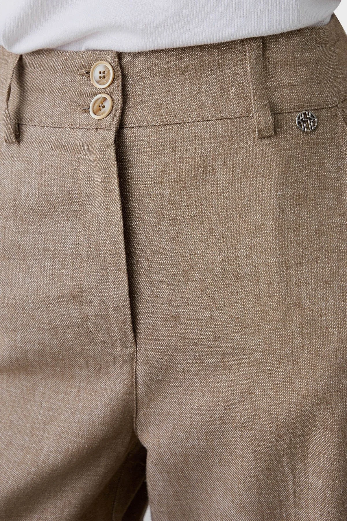 BSB Keten ve Pamuk Karışımlı Regular Fit Yüksek Bel Geniş Paça Bayan Pantolon 053-212013.131 BEJ - 3