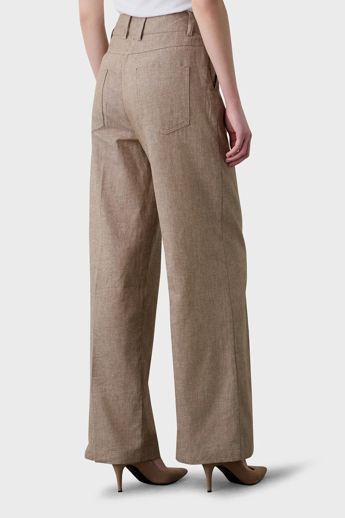 BSB Keten ve Pamuk Karışımlı Regular Fit Yüksek Bel Geniş Paça Bayan Pantolon 053-212013.131 BEJ - 4