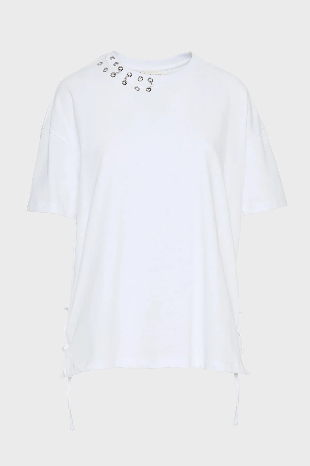 BSB Metalik ve Bağlama Detaylı Pamuklu Oversize Fit Bisiklet Yaka Bayan Bluz 053-210049.002 BEYAZ - 6