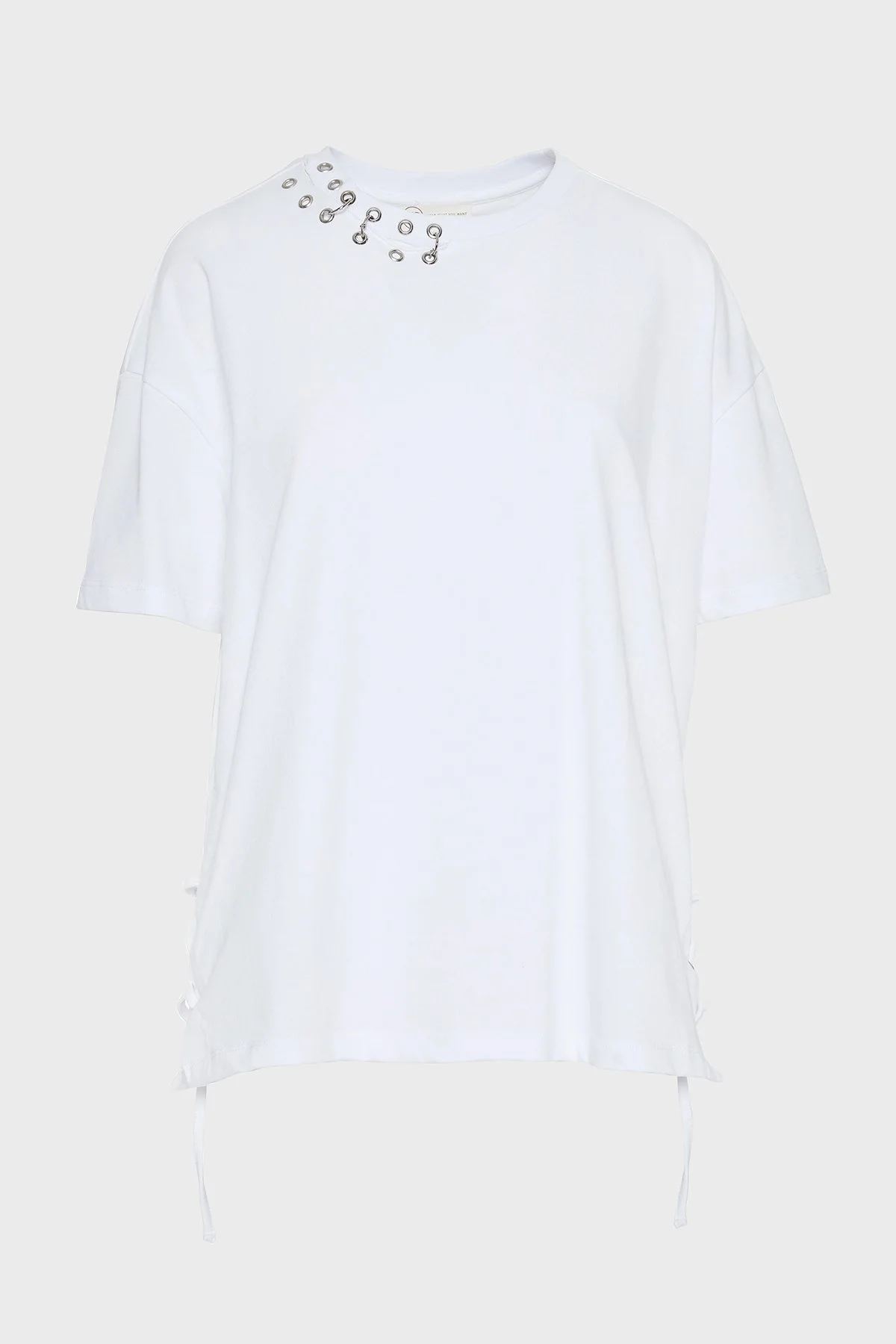 BSB Metalik ve Bağlama Detaylı Pamuklu Oversize Fit Bisiklet Yaka Kadın Bluz 053-210049.002 BEYAZ - 6