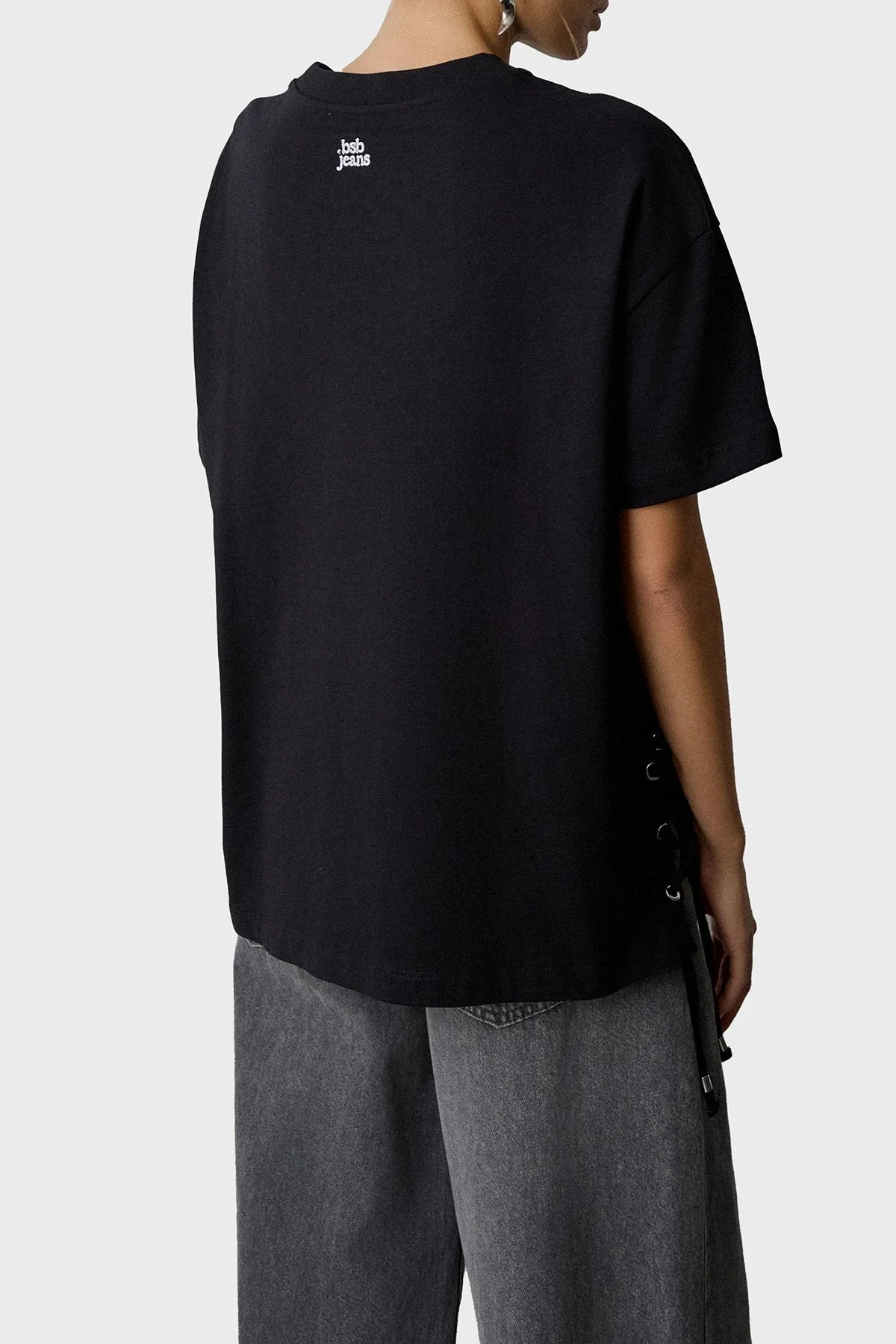 BSB Metalik ve Bağlama Detaylı Pamuklu Oversize Fit Bisiklet Yaka Bayan Bluz 053-210049.080 SİYAH - 3