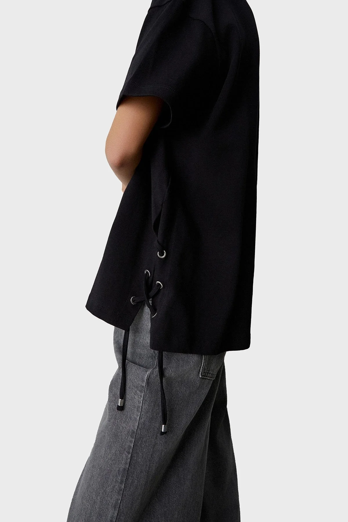 BSB Metalik ve Bağlama Detaylı Pamuklu Oversize Fit Bisiklet Yaka Bayan Bluz 053-210049.080 SİYAH - 4