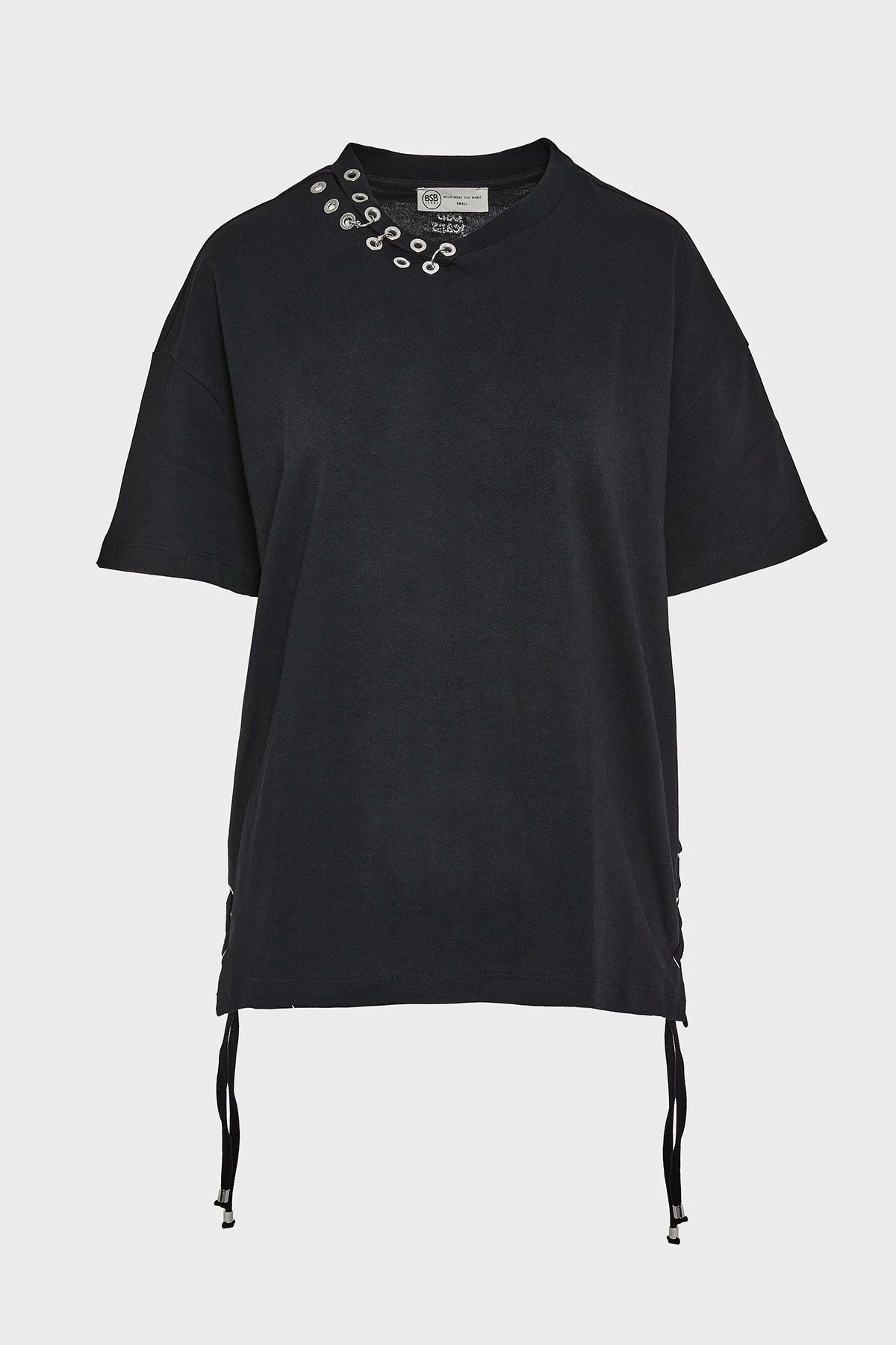 BSB Metalik ve Bağlama Detaylı Pamuklu Oversize Fit Bisiklet Yaka Bayan Bluz 053-210049.080 SİYAH - 6