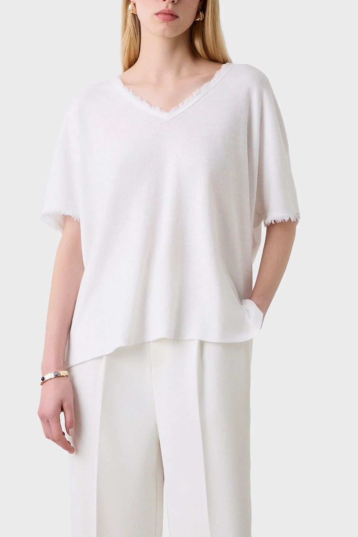 BSB Pamuk Karışımlı Oversize V Yaka Bayan Bluz 053-210132.002 BEYAZ - 1