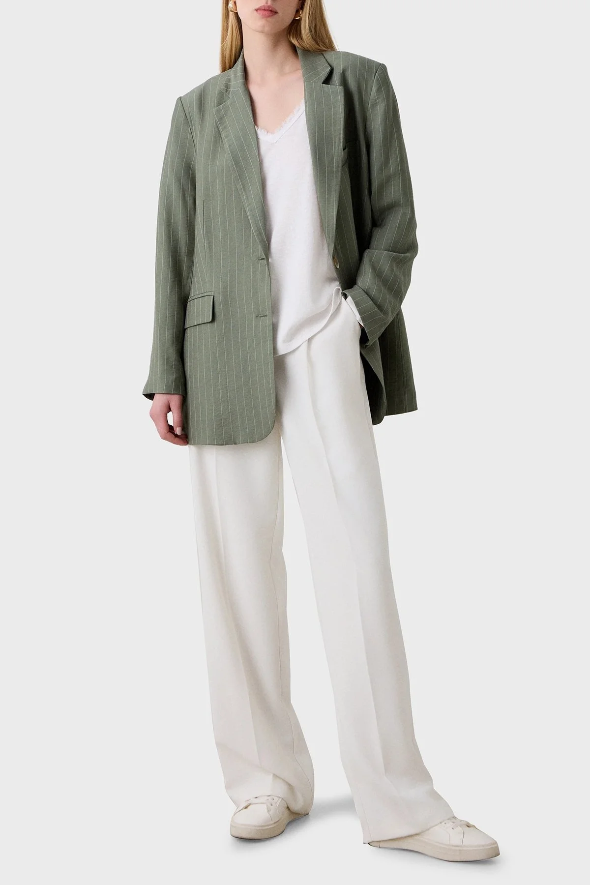 BSB Pamuk Karışımlı Oversize V Yaka Bayan Bluz 053-210132.002 BEYAZ - 2