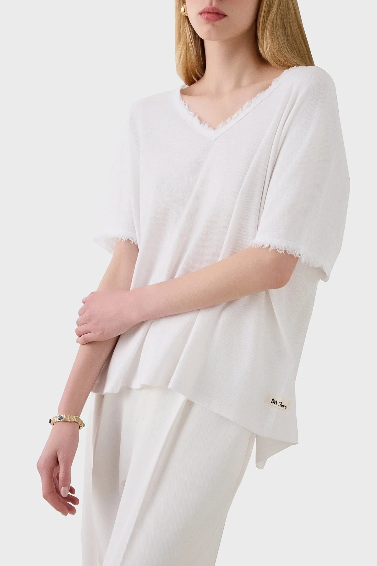 BSB Pamuk Karışımlı Oversize V Yaka Bayan Bluz 053-210132.002 BEYAZ - 3