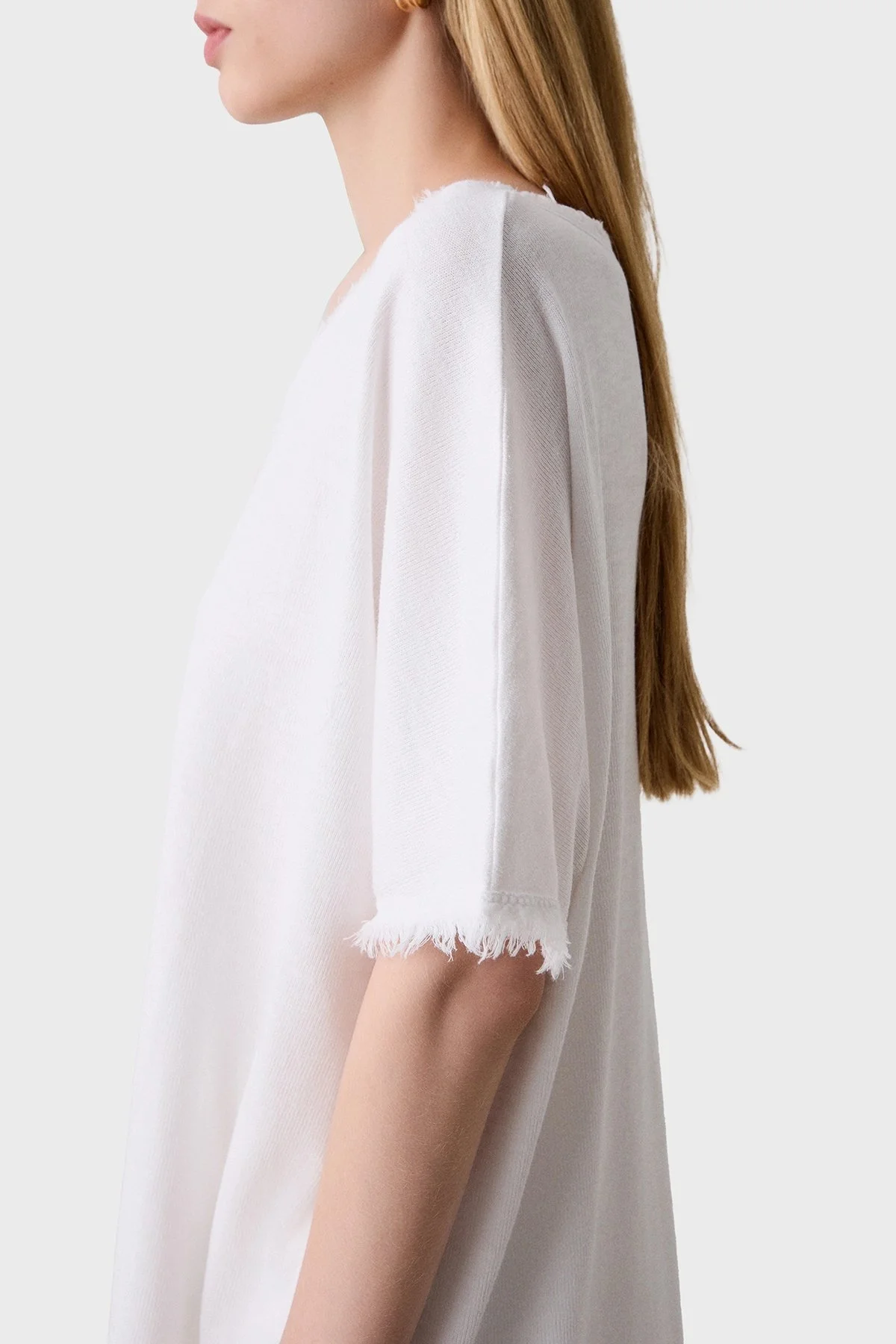 BSB Pamuk Karışımlı Oversize V Yaka Bayan Bluz 053-210132.002 BEYAZ - 4