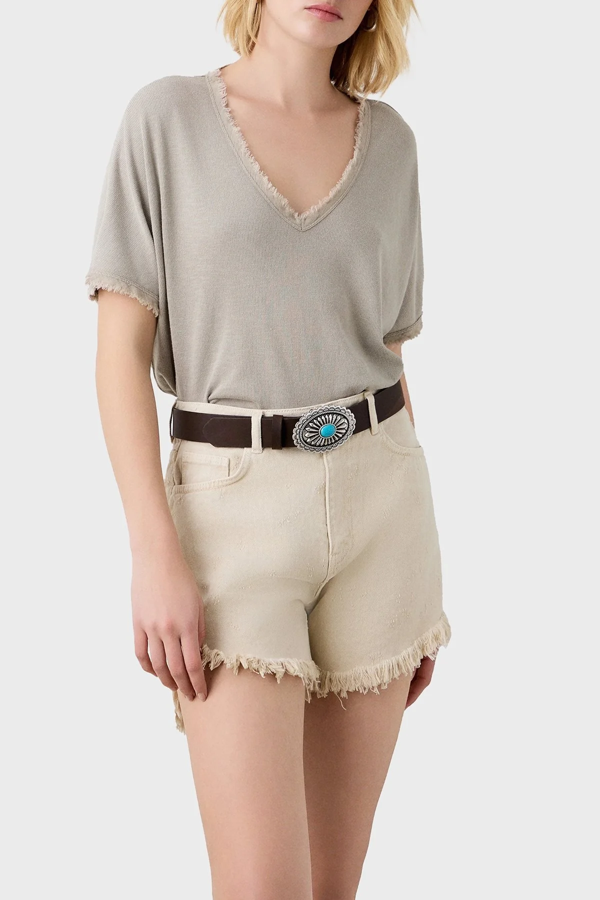 BSB Pamuk Karışımlı Oversize V Yaka Bayan Bluz 053-210132.131 BEJ - 4