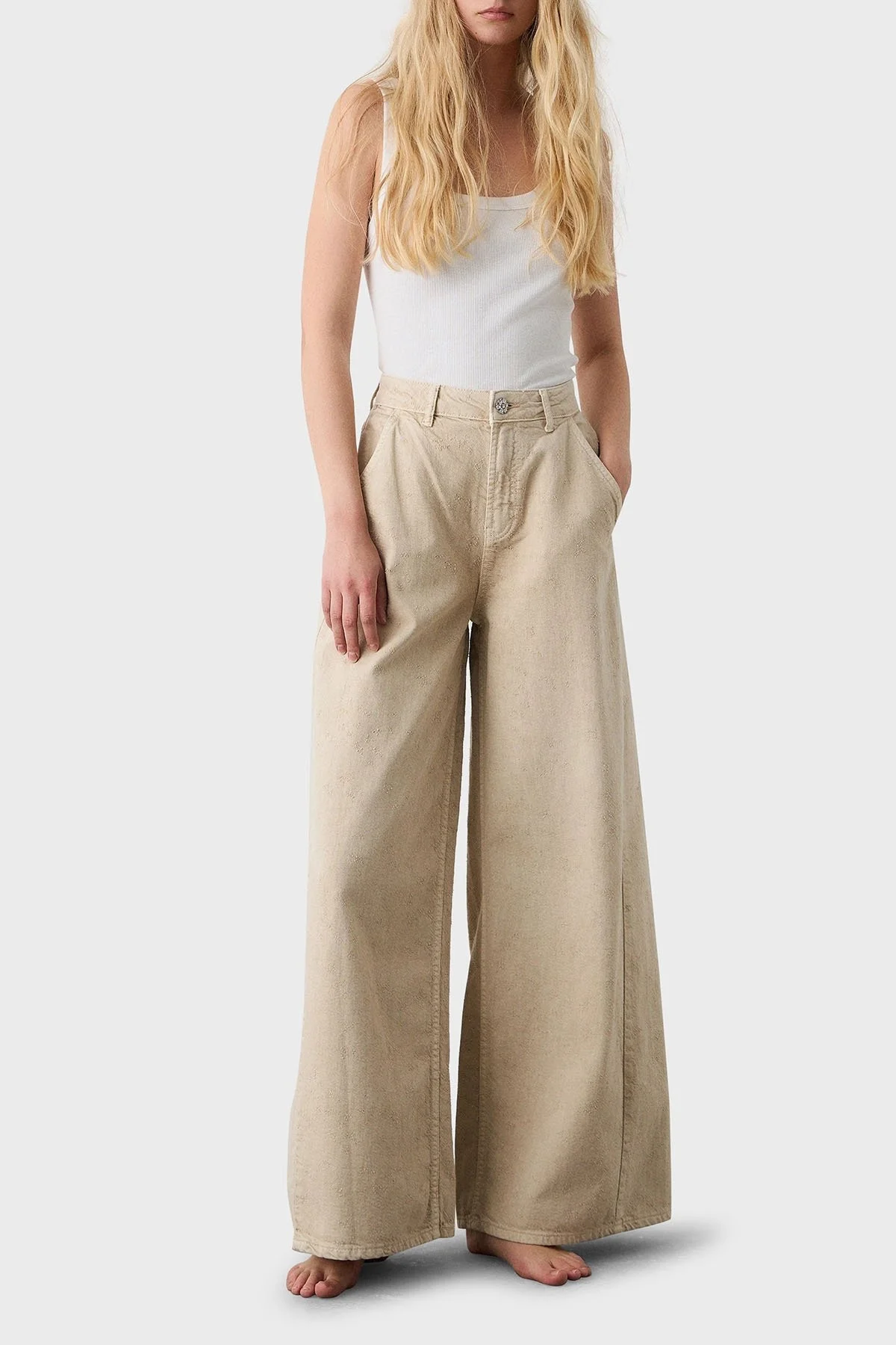 BSB Pamuklu Wide Leg Yüksek Bel Geniş Paça Palazzo Bayan Pantolon 053-212800.103 BEJ - 2