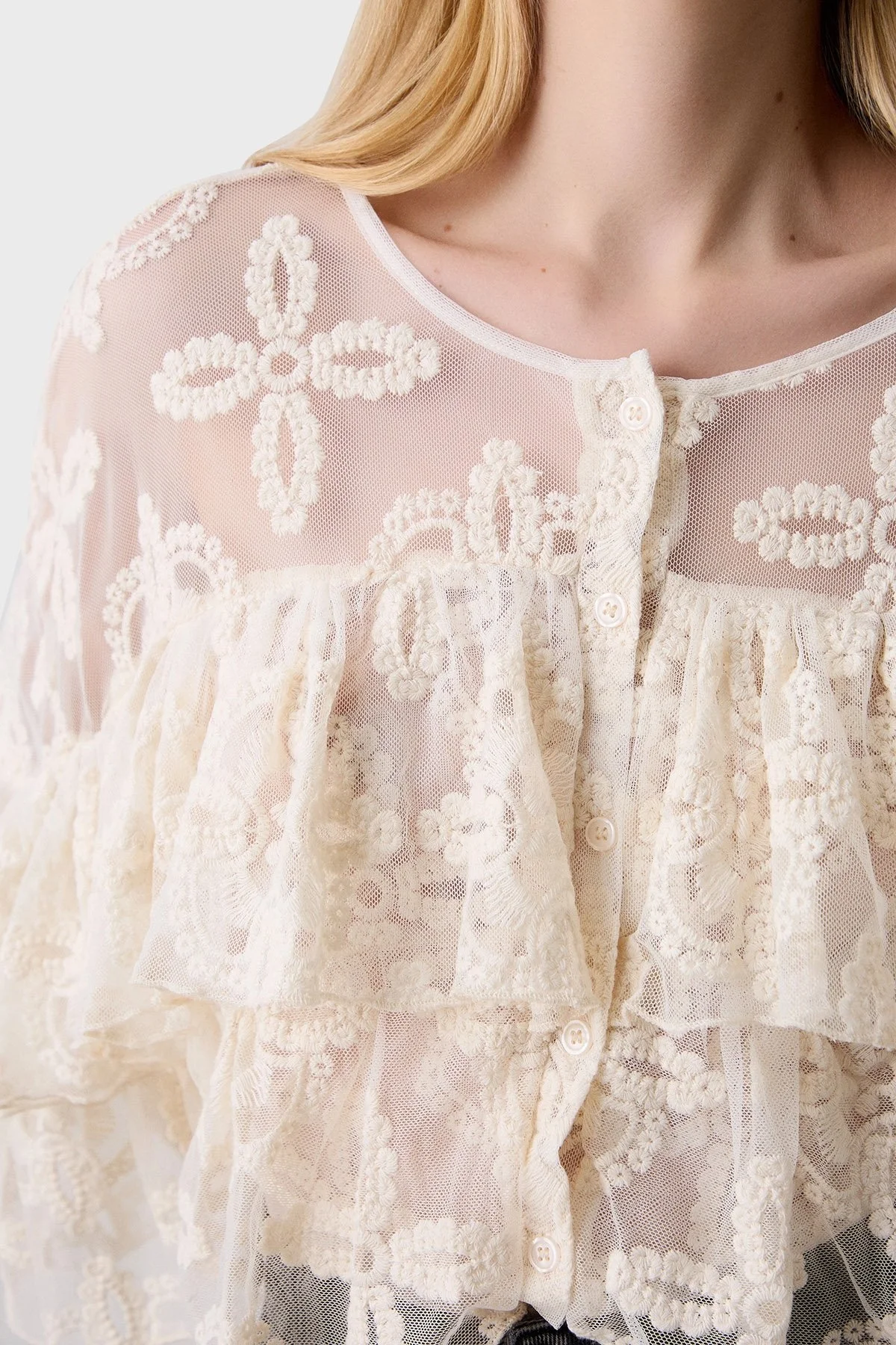 BSB Regular Fit Bisiklet Yaka Fırfırlı İşlemeli Bayan Gömlek 053-216020.009 KREM - 4