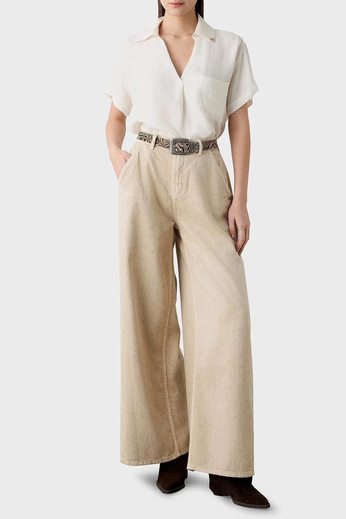 BSB Regular Fit V Yaka Kısa Kollu Bayan Bluz 053-210040.004 EKRU - 2