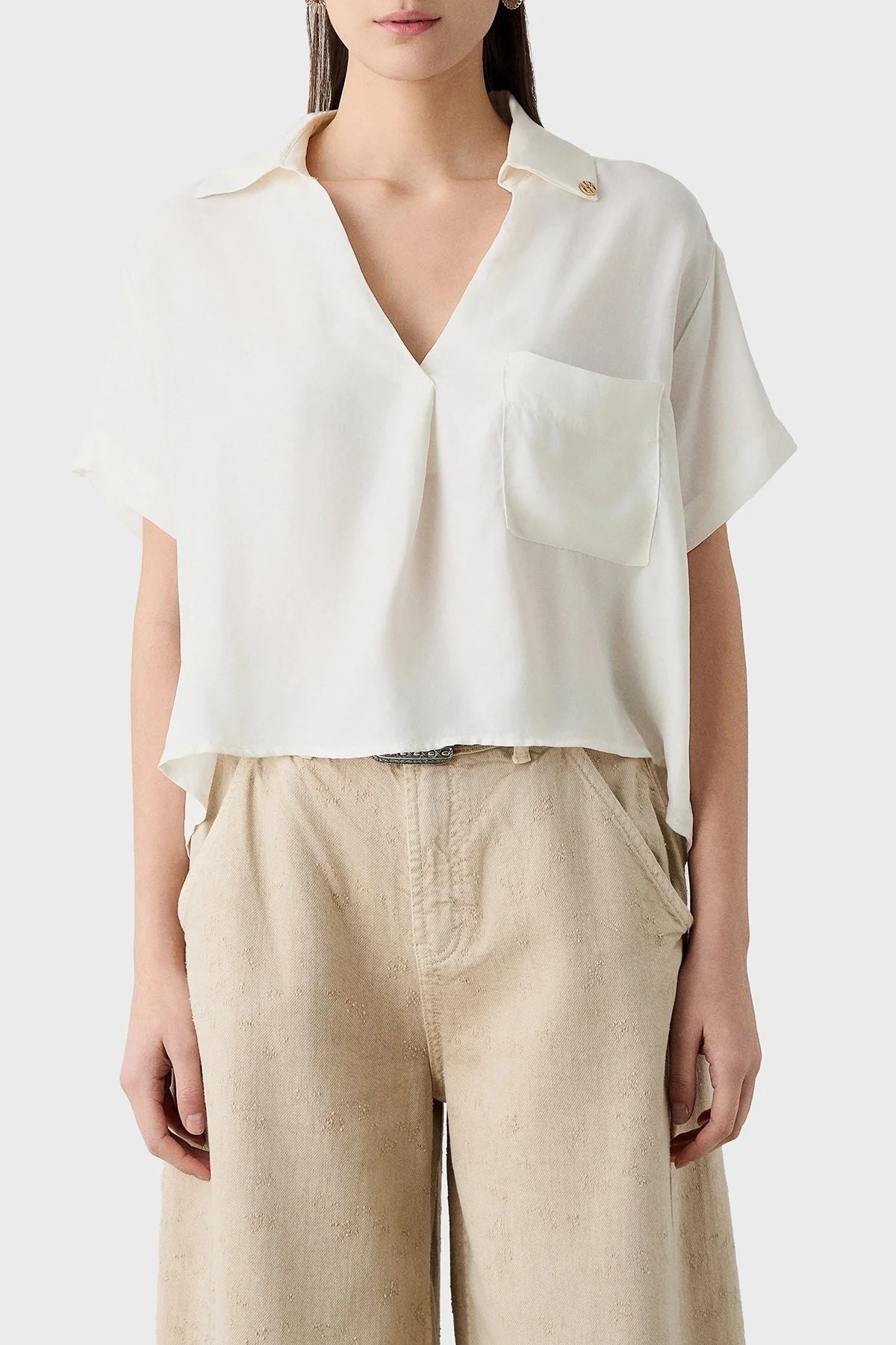 BSB Regular Fit V Yaka Kısa Kollu Bayan Bluz 053-210040.004 EKRU - 4