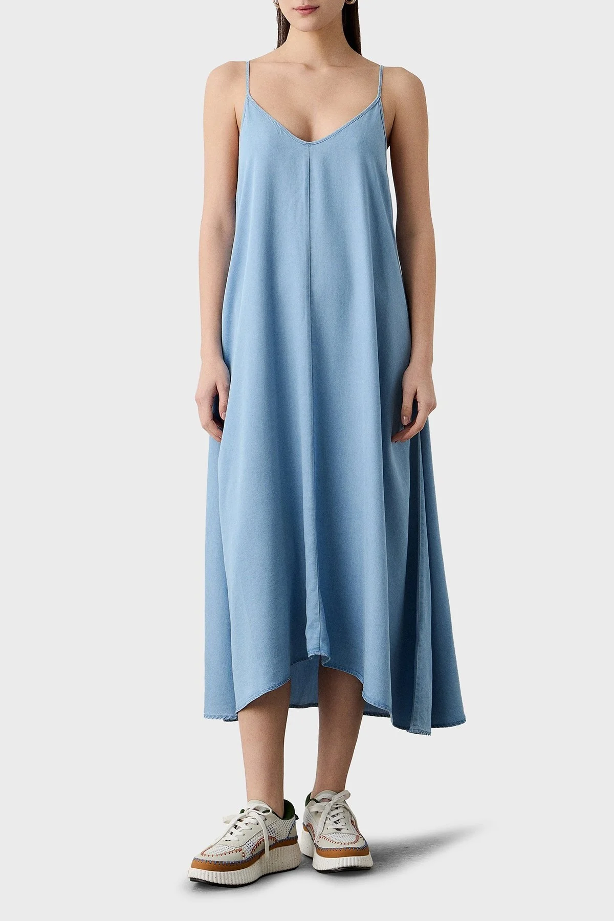 BSB Regular Fit V Yaka Kot Görünümlü Midi Bayan Elbise 053-211803.090 AÇIK MAVİ - 1