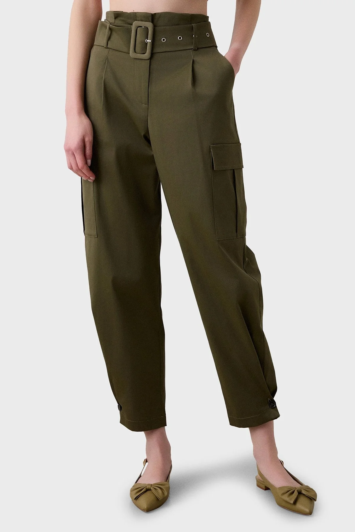 BSB Streç Pamuklu Regular Fit Yüksek Bel Düz Paça Kargo Bayan Pantolon 053-212021.054 HAKİ - 1