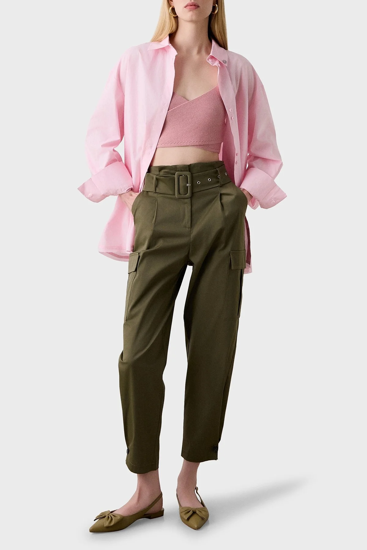 BSB Streç Pamuklu Regular Fit Yüksek Bel Düz Paça Kargo Bayan Pantolon 053-212021.054 HAKİ - 2