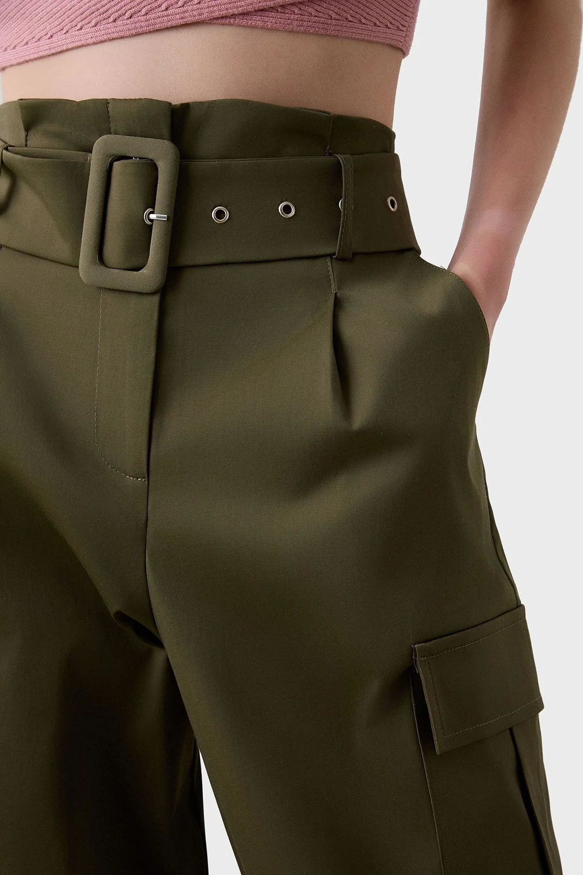 BSB Streç Pamuklu Regular Fit Yüksek Bel Düz Paça Kargo Bayan Pantolon 053-212021.054 HAKİ - 6