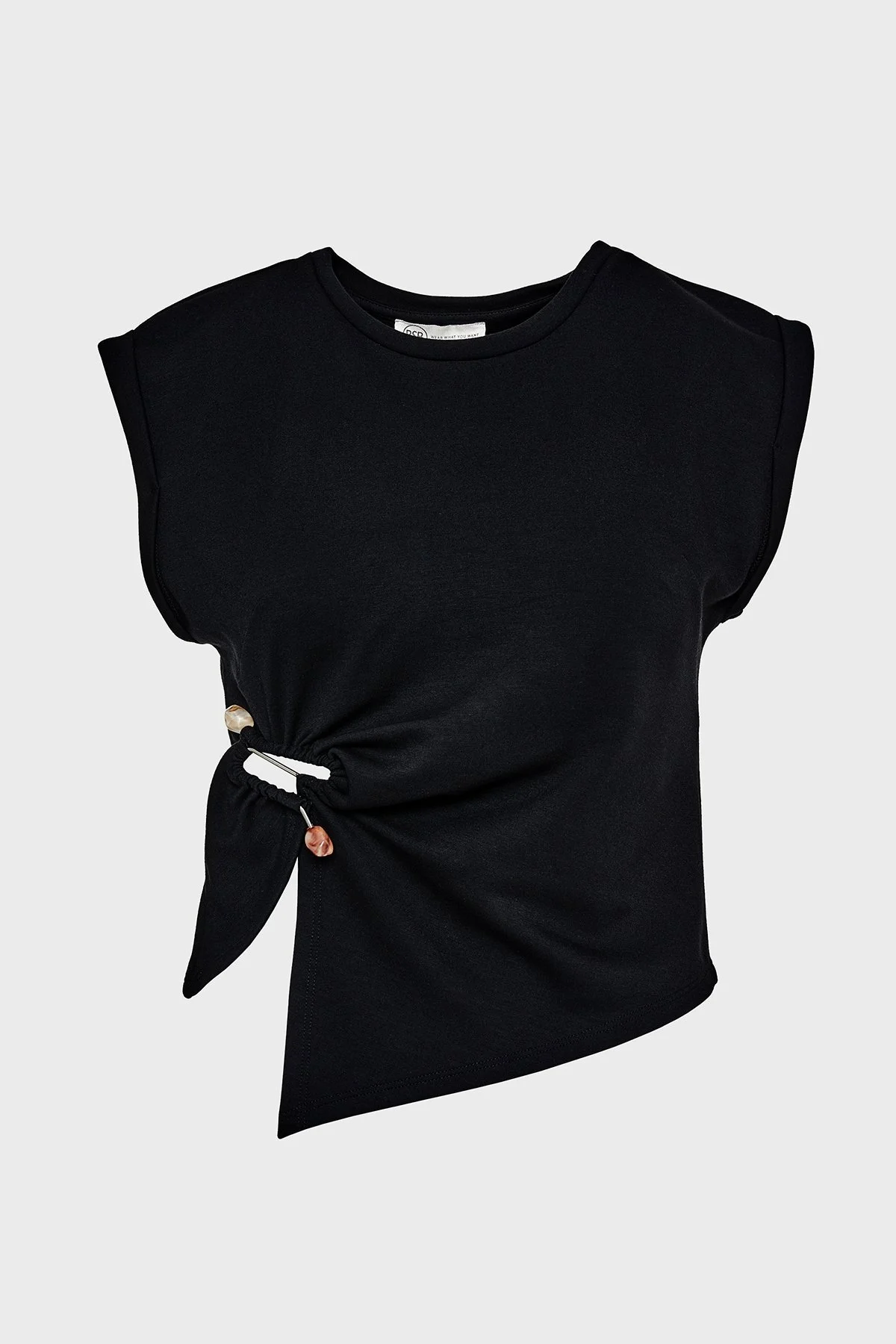 BSB Streç Relaxed Fit Asimetrik Kesim Aksesuar Detaylı Bisiklet Yaka Bayan Bluz 053-210076.080 SİYAH - 5