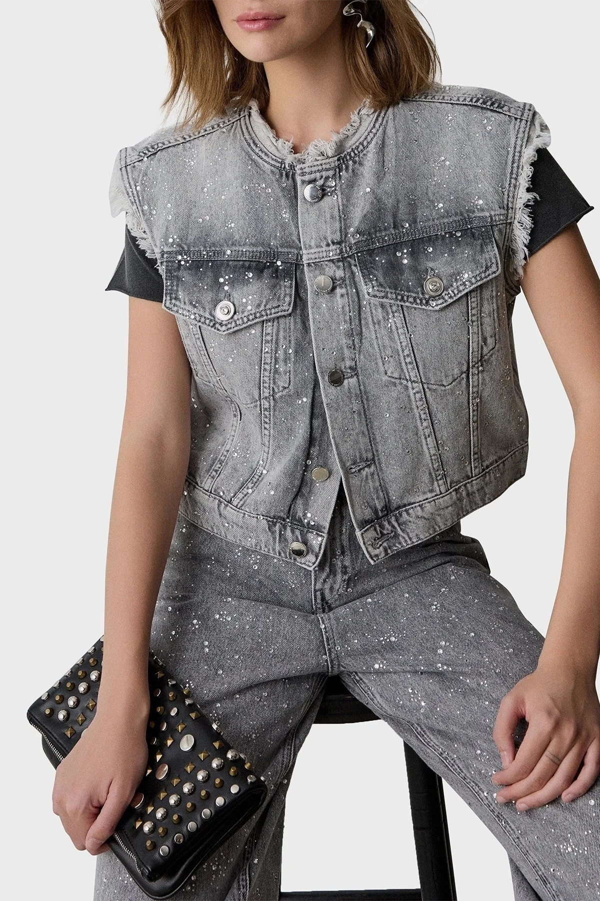 BSB Taşlı % 100 Pamuk Regular Fit Kısa Kot Bayan Yelek 053-229900.093 GRİ - 1