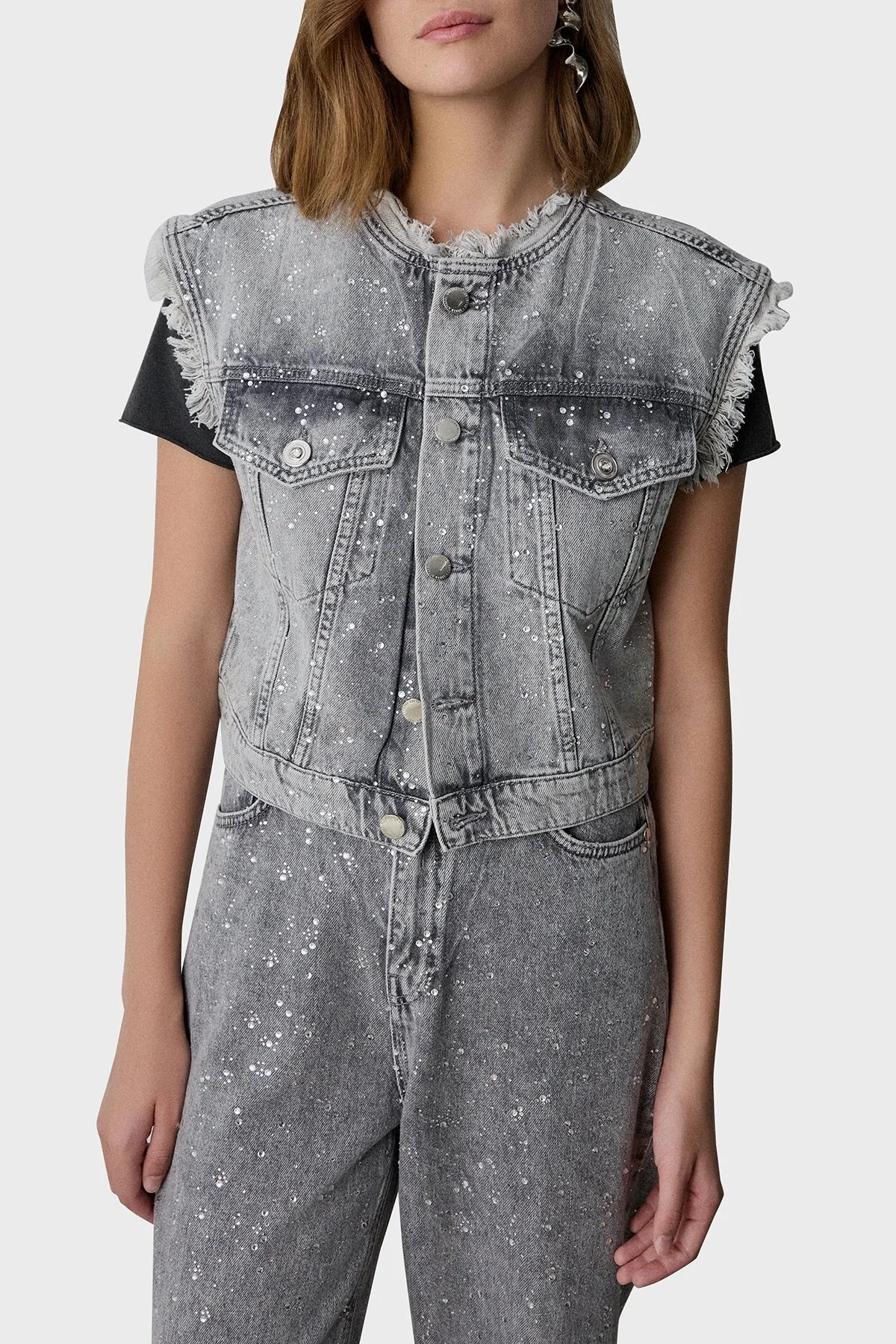 BSB Taşlı % 100 Pamuk Regular Fit Kısa Kot Bayan Yelek 053-229900.093 GRİ - 2