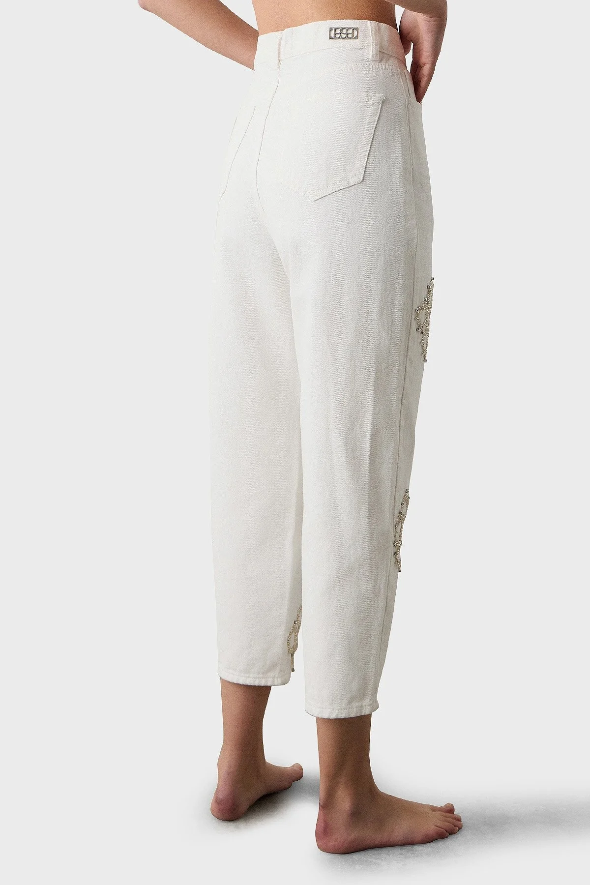 BSB Taşlı % 100 Pamuk Slim Fit Yüksk Bel Boru Paça Bayan Pantolon 053-212835.004 EKRU - 5