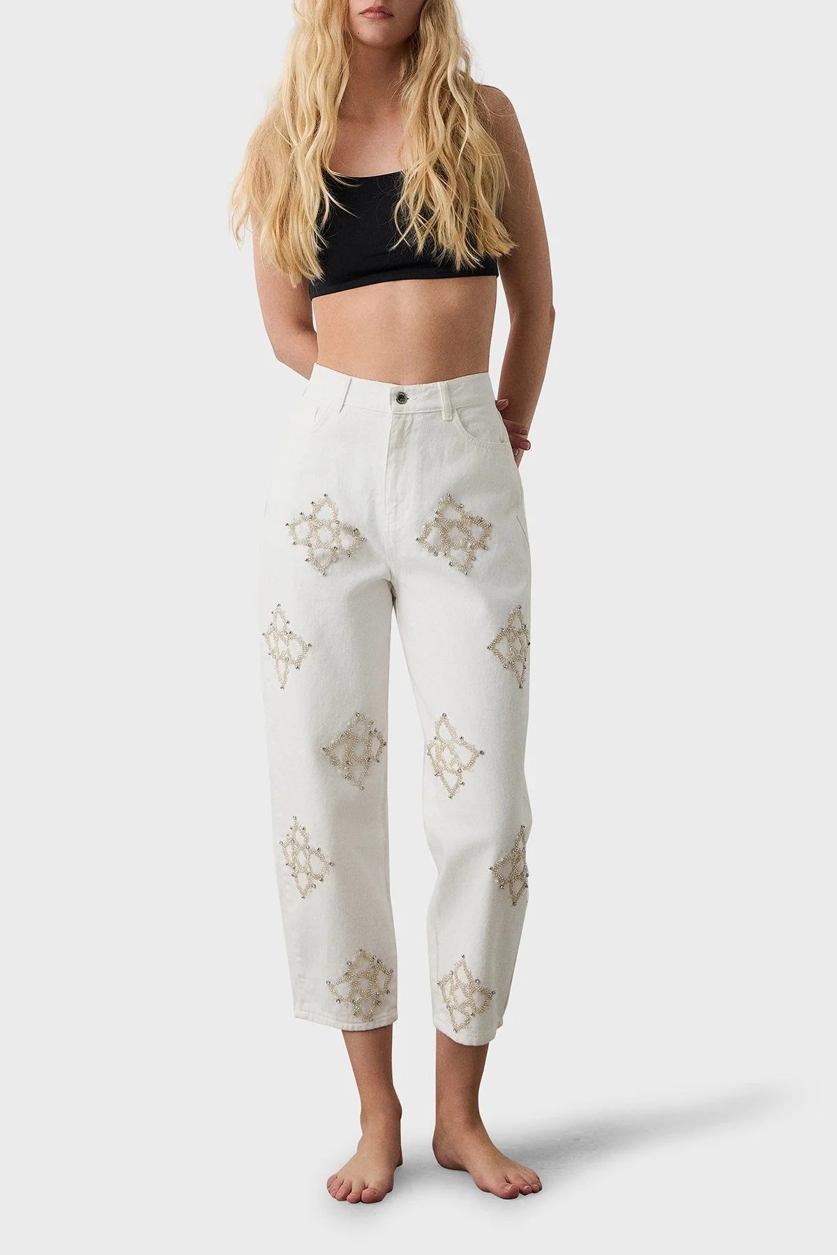 BSB Taşlı % 100 Pamuk Slim Fit Yüksk Bel Boru Paça Bayan Pantolon 053-212835.004 EKRU - 6