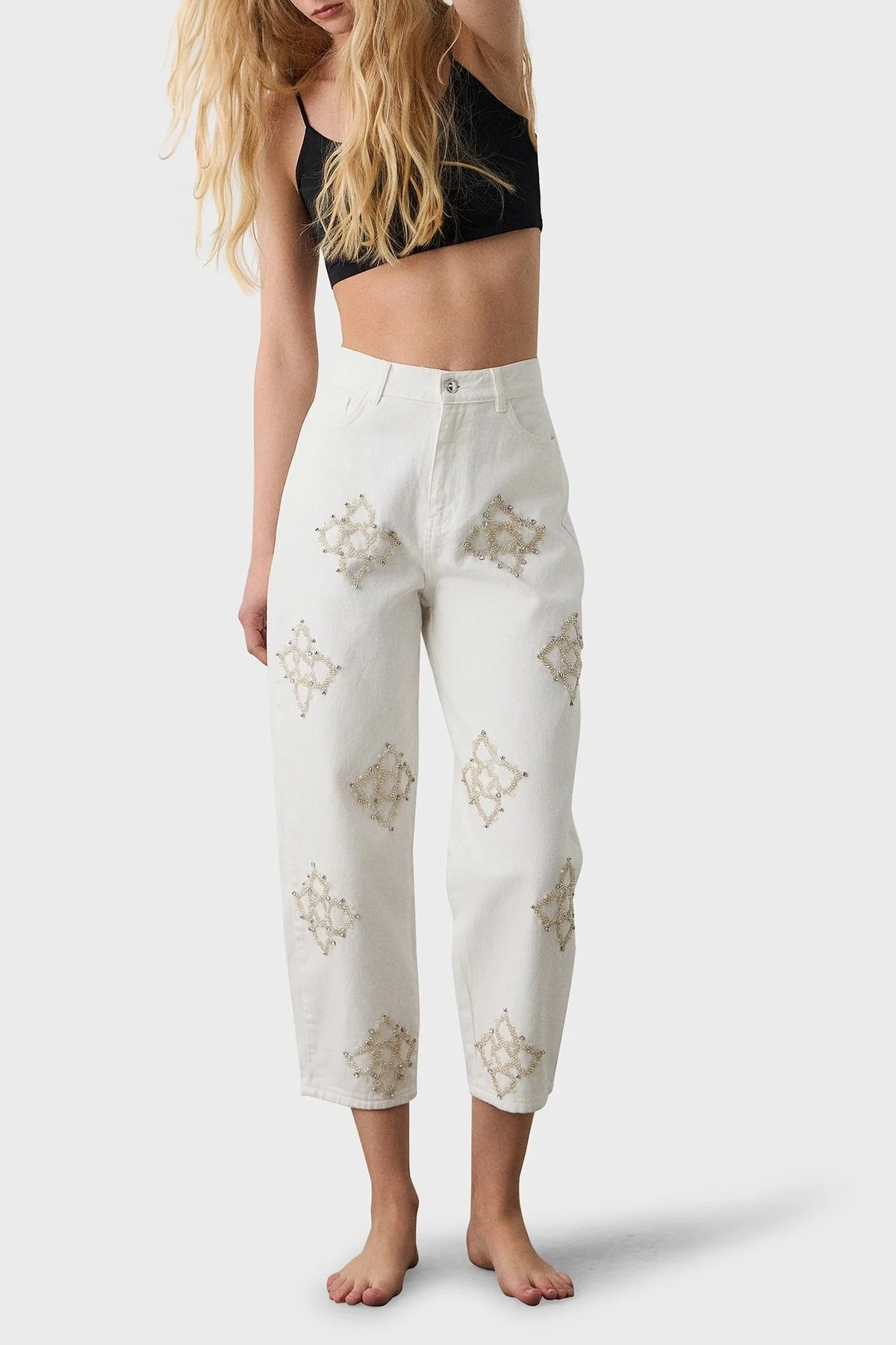 BSB Taşlı % 100 Pamuk Slim Fit Yüksk Bel Boru Paça Bayan Pantolon 053-212835.004 EKRU - 8