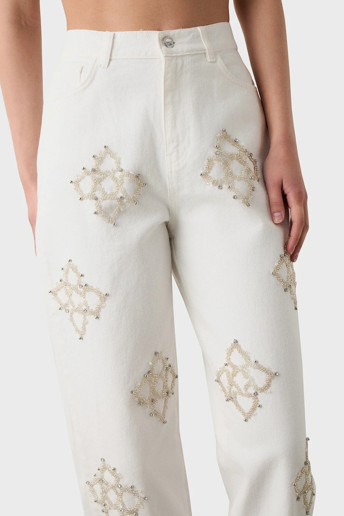BSB Taşlı % 100 Pamuk Slim Fit Yüksk Bel Boru Paça Kadın Pantolon 053-212835.004 EKRU - 4