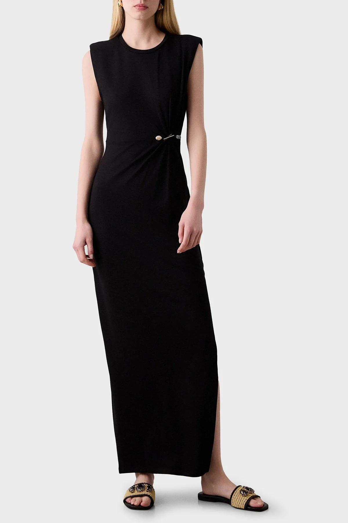 BSB Yıtmaçlı Fitted Fit Büzgülü Aksesuar Detaylı Bisiklet Yaka Uzun Bayan Elbise 053-211026.080 SİYAH - 1