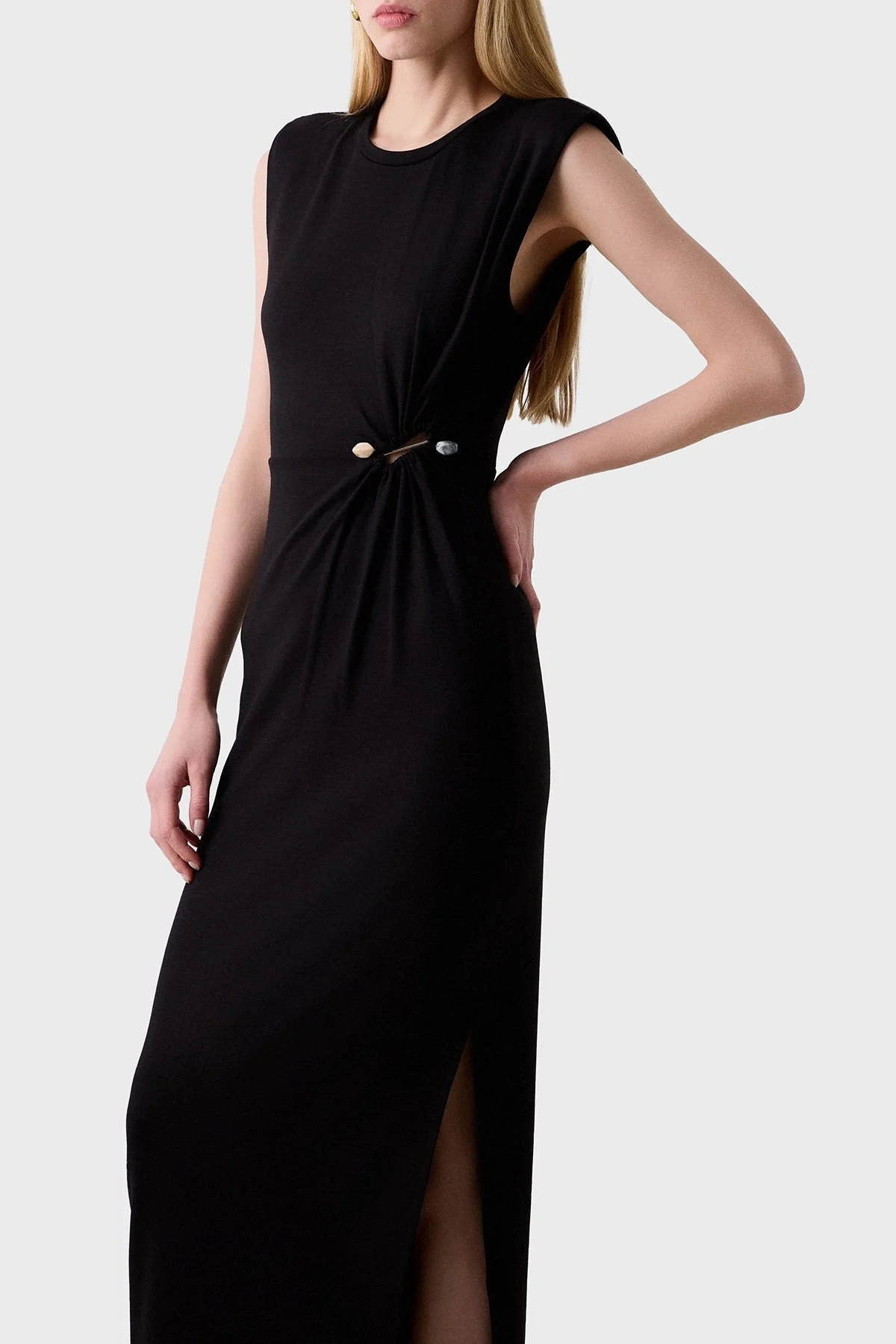 BSB Yıtmaçlı Fitted Fit Büzgülü Aksesuar Detaylı Bisiklet Yaka Uzun Bayan Elbise 053-211026.080 SİYAH - 2