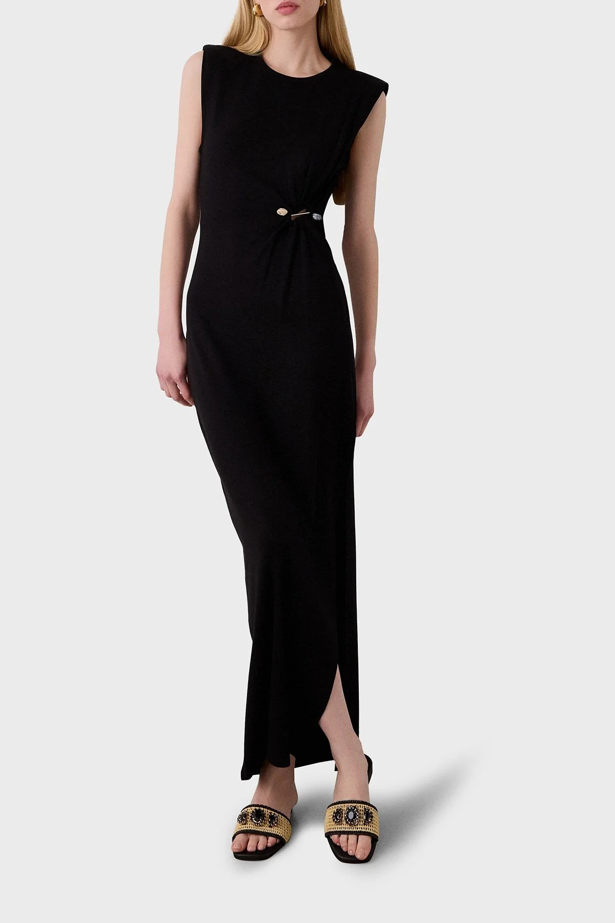 BSB Yıtmaçlı Fitted Fit Büzgülü Aksesuar Detaylı Bisiklet Yaka Uzun Bayan Elbise 053-211026.080 SİYAH - 3