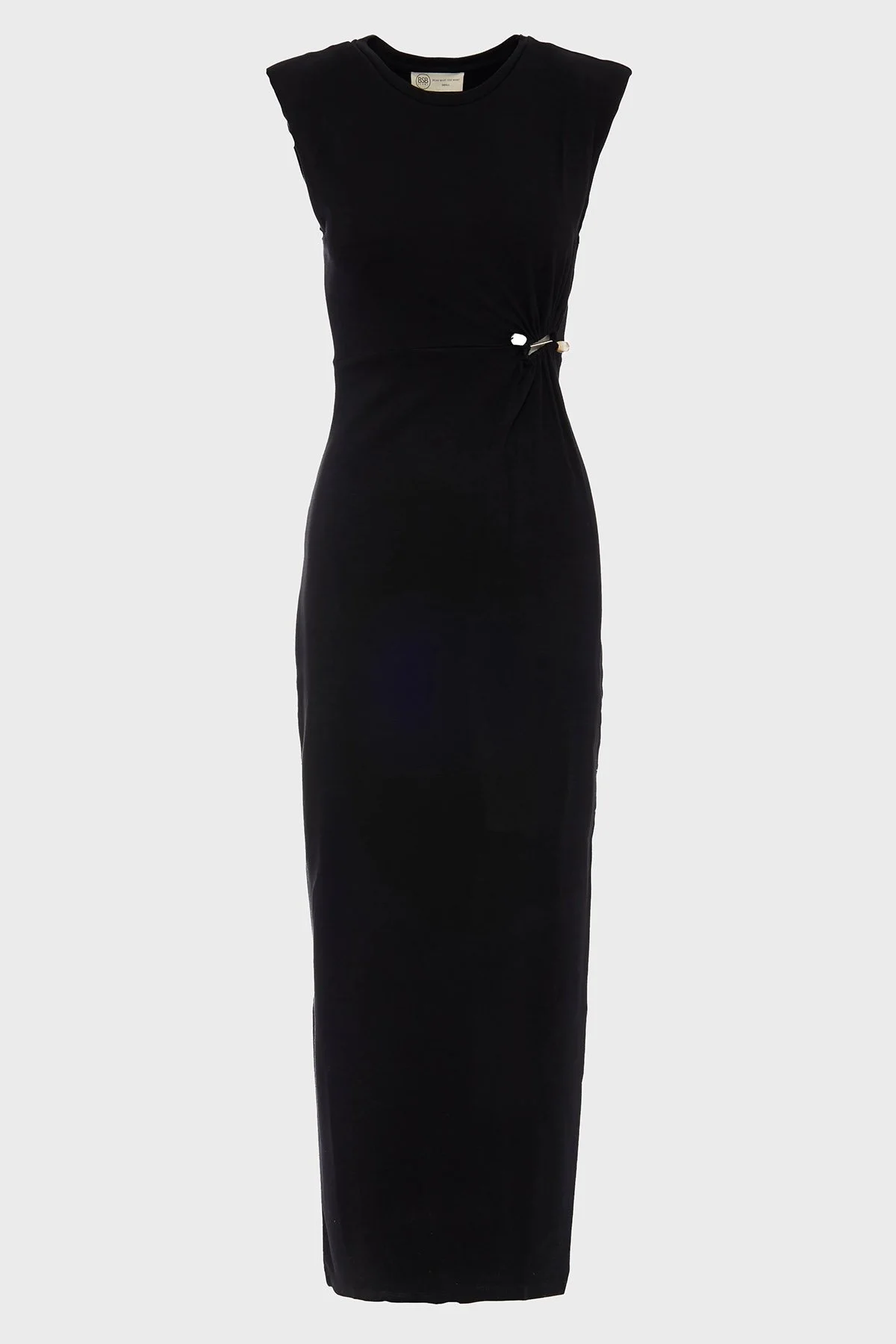 BSB Yıtmaçlı Fitted Fit Büzgülü Aksesuar Detaylı Bisiklet Yaka Uzun Bayan Elbise 053-211026.080 SİYAH - 6