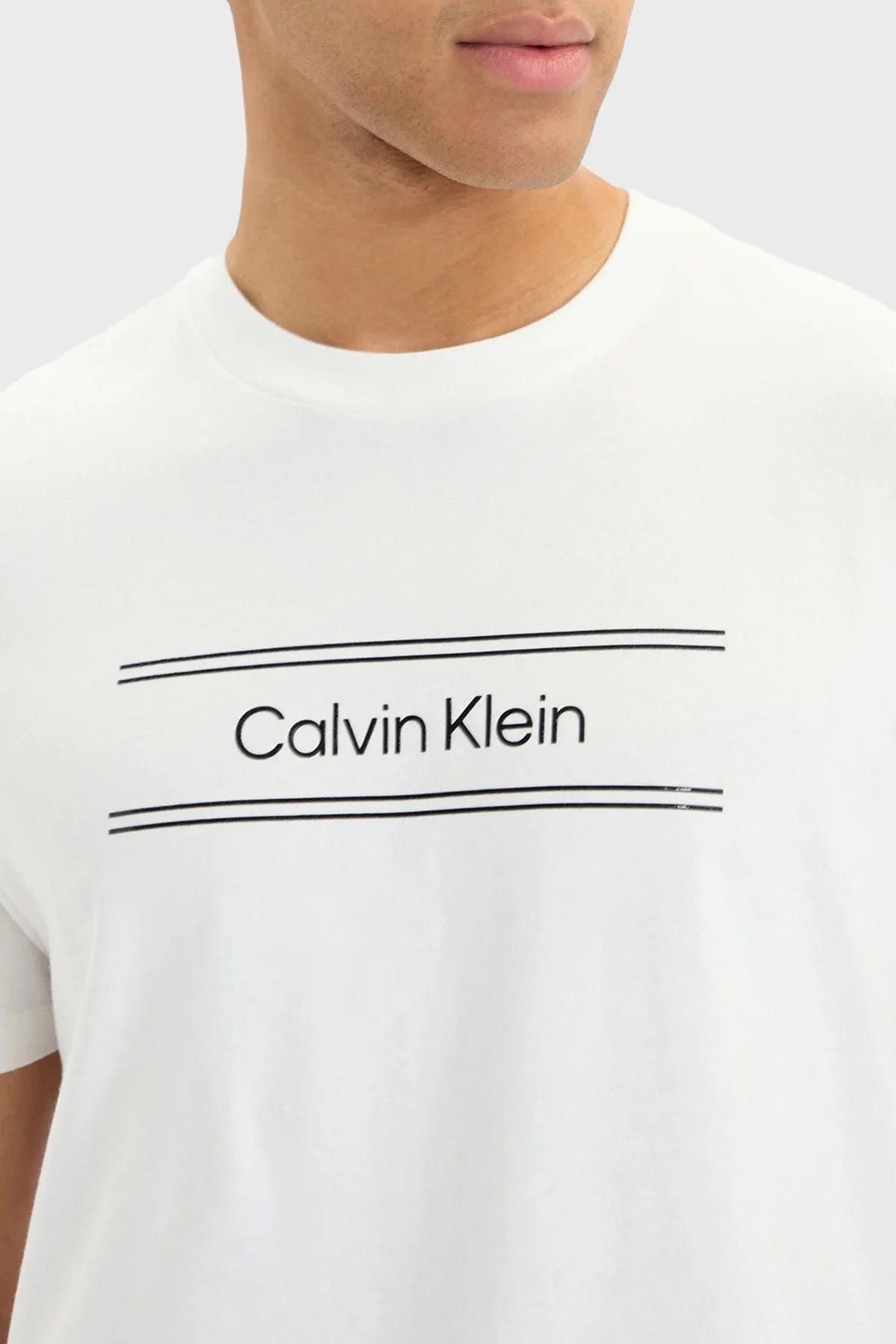 Calvin Klein % 100 Pamuk Bisiklet Yaka Logolu LV04LG813GYAF Erkek T Shirt LV04LG813G YAF BEYAZ - 4