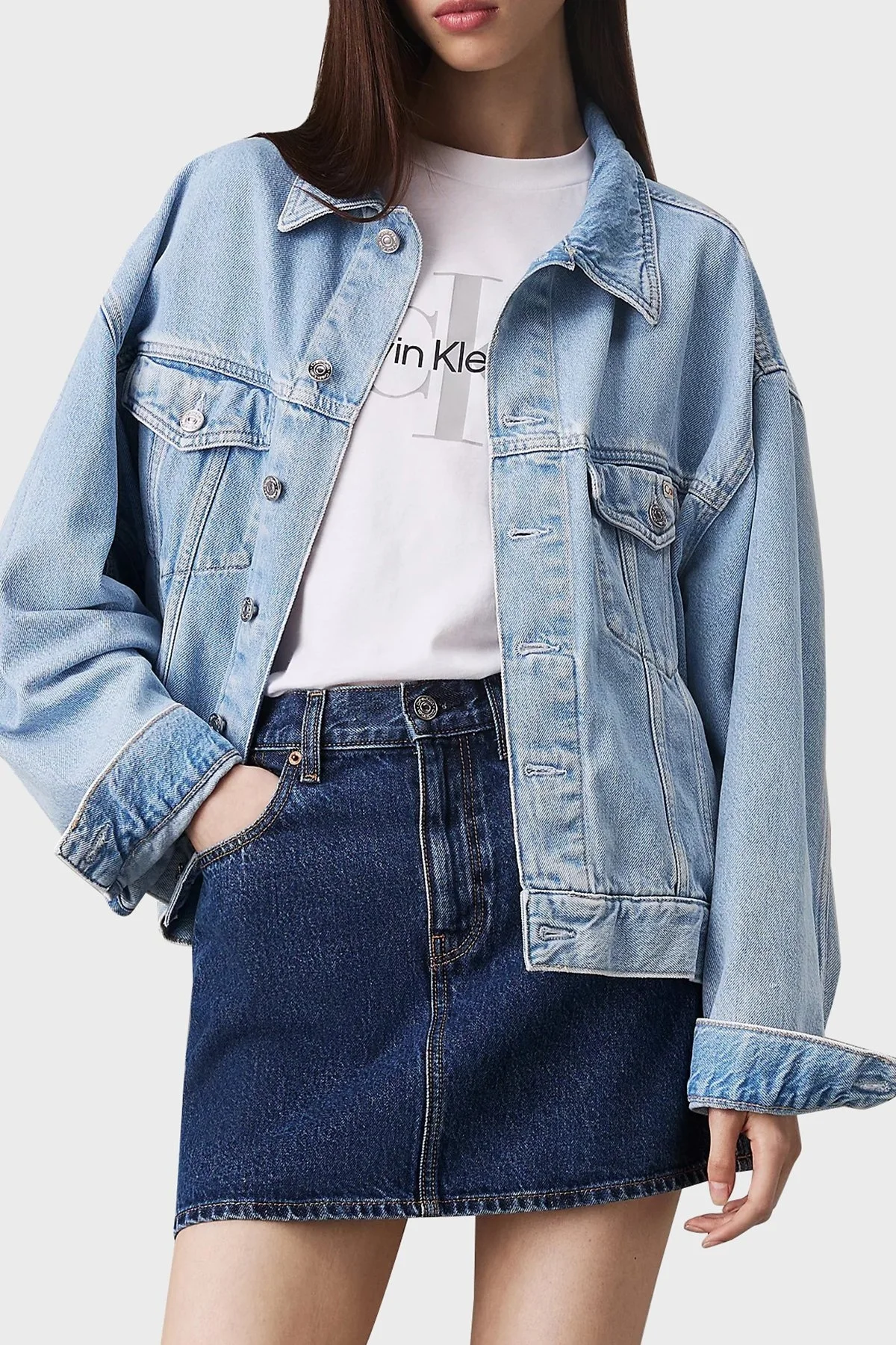 Calvin Klein % 100 Pamuk Boxy Fit J20J2245481A4 Bayan Kot Ceket J20J224548 1A4 MAVİ - 5